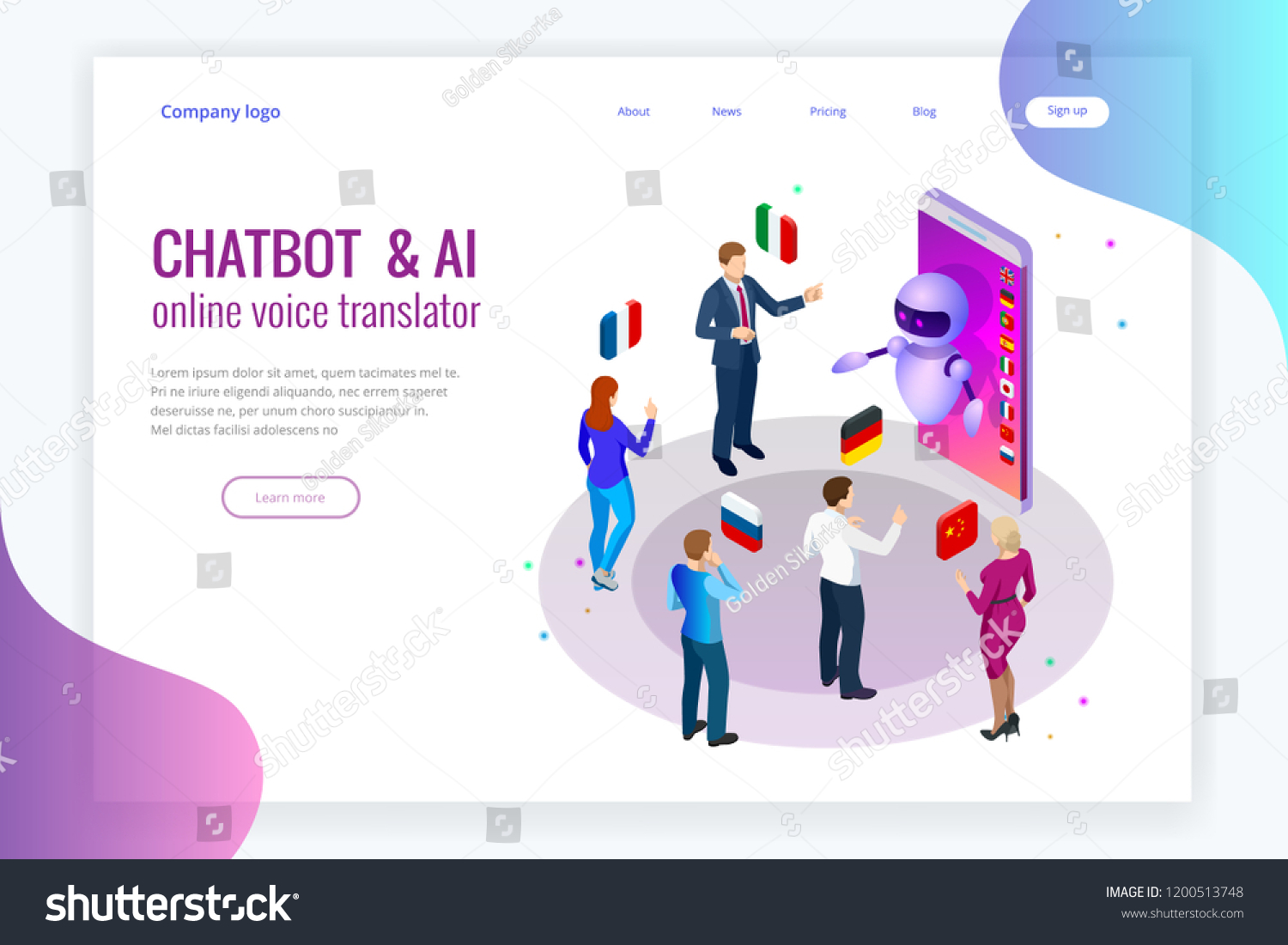 Isometric online voice translator and learning languages concept. E-learning  translate languages or audio guide. Artificial Intelligence chatbot translator.