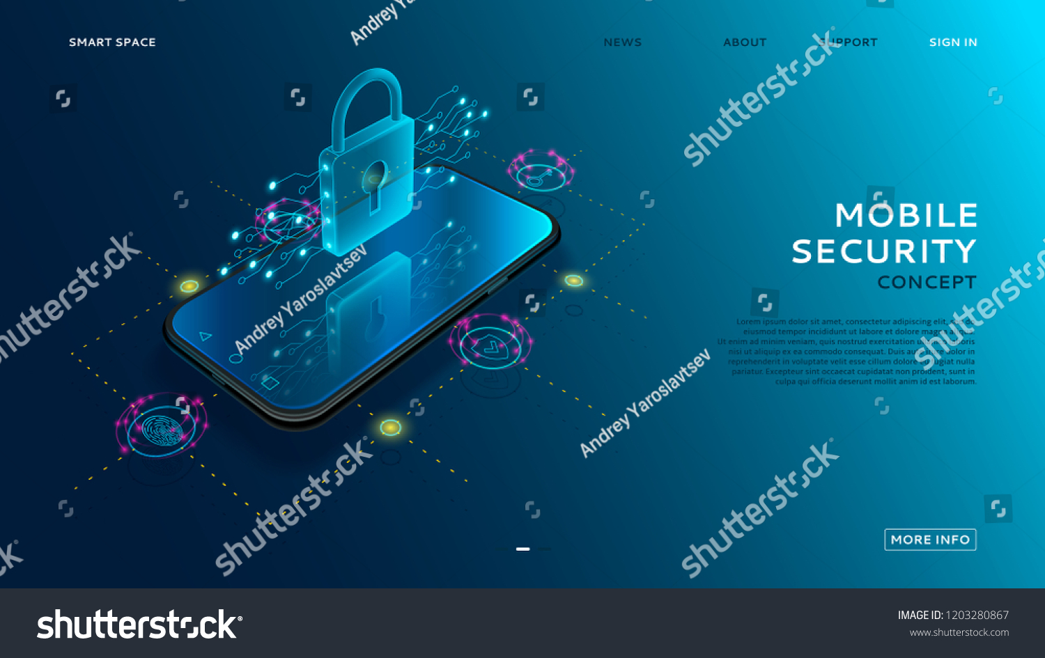 Mobile security modern concept. Smart app protects smart phone from thefts and hacker attacks. Internet of things technology of automatic protection. Vector illustration.