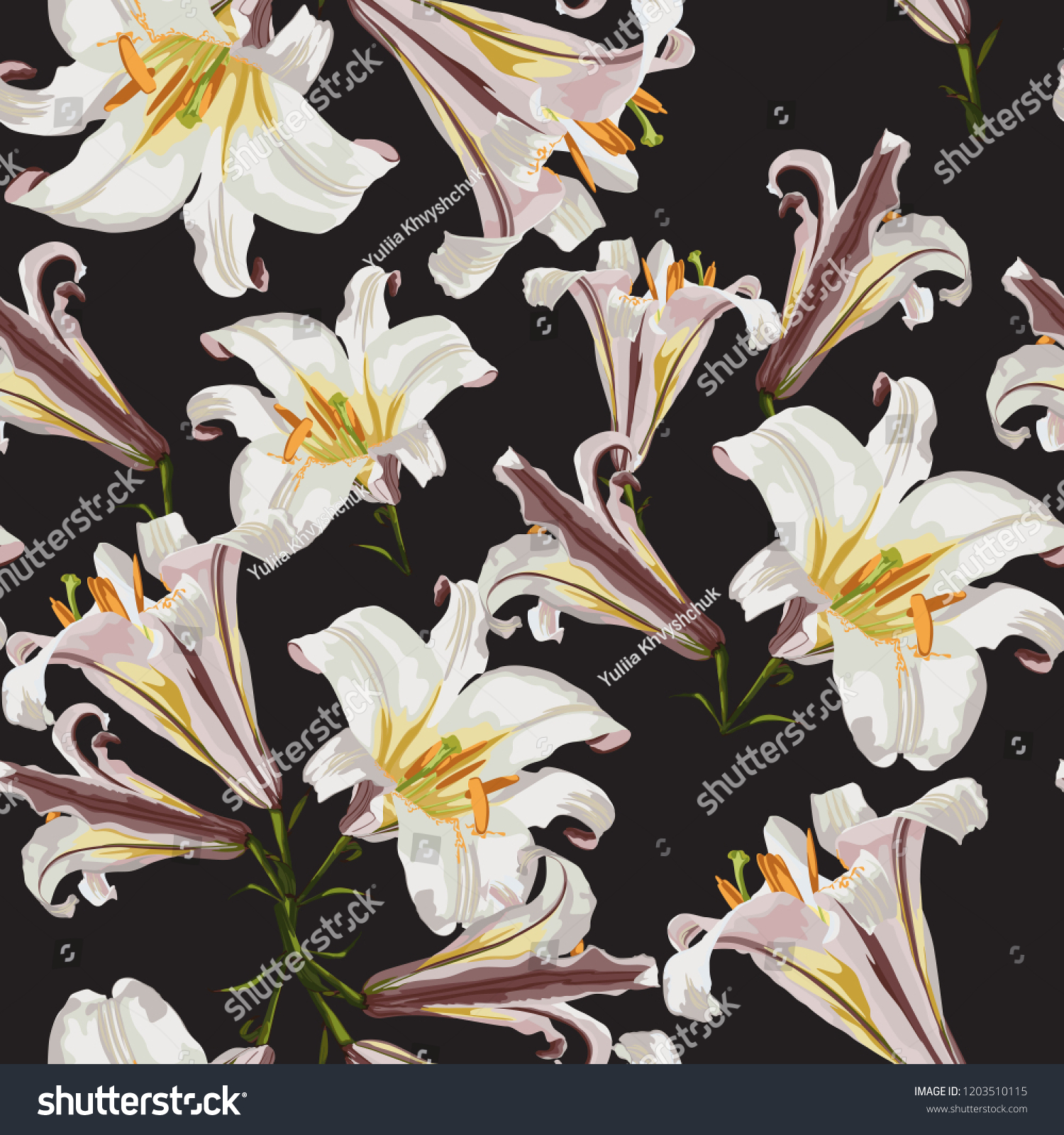 Beautiful white lilies flowers in watercolor style. Seamless pattern on black background.