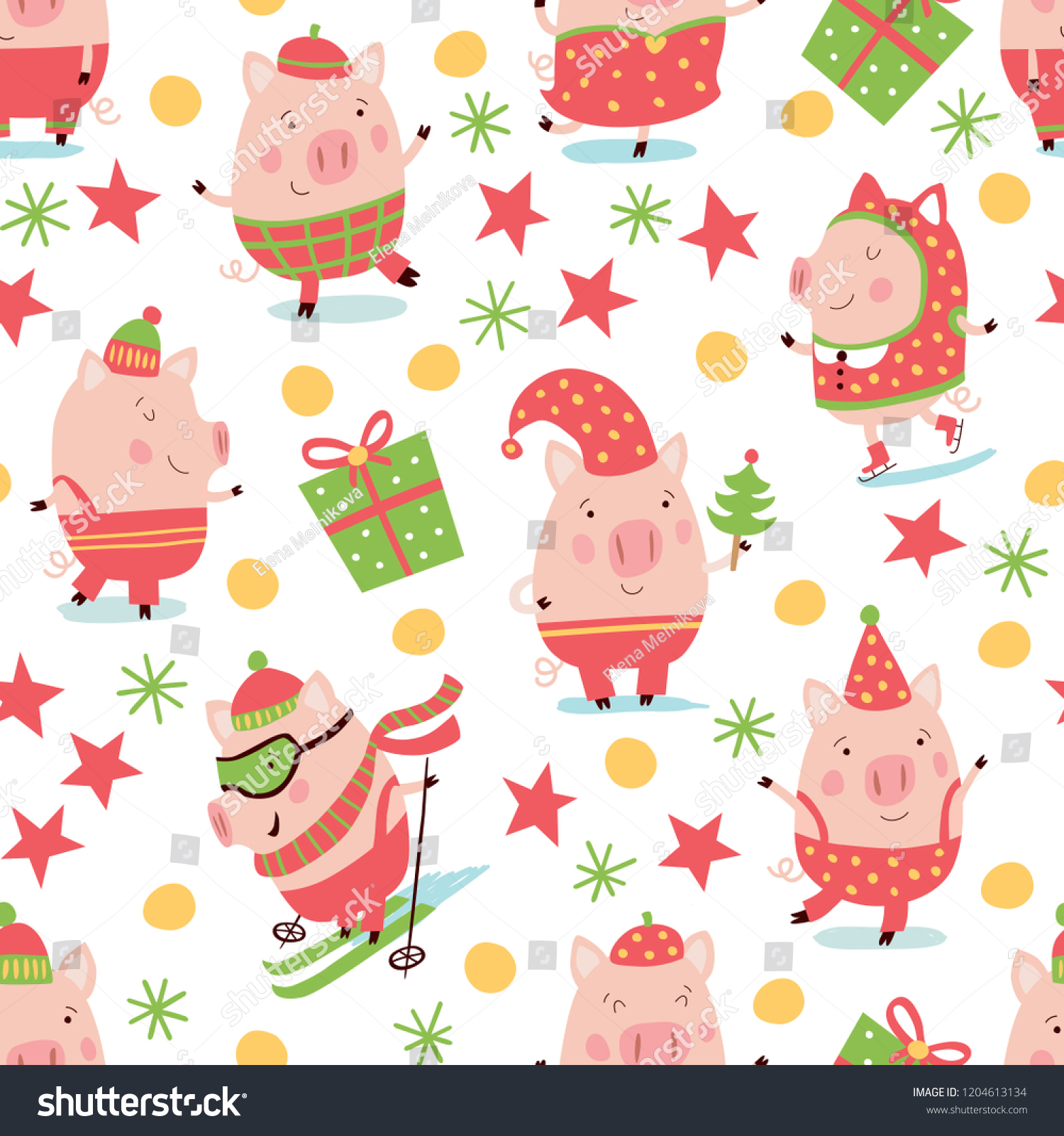 Funny pigs. Seamless vector pattern with a Christmas symbol of 2019.