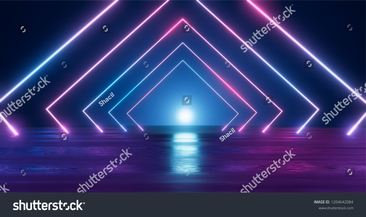 3D Rendering. Geometric figure in neon light against a dark tunnel. Laser glow.