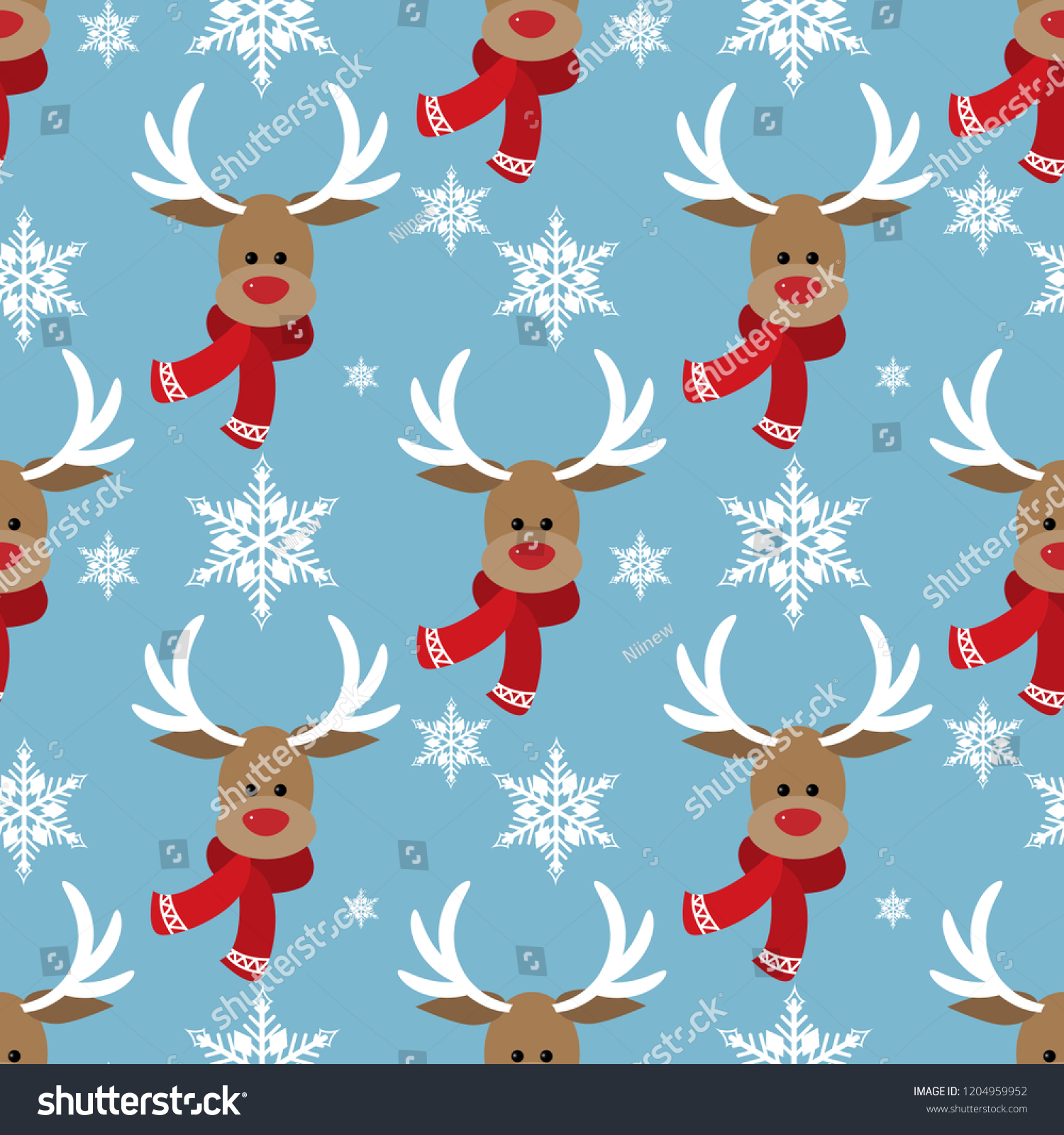 Cute Deer in winter custom and snowflake seamless pattern. Cute Christmas holidays cartoon character background.
