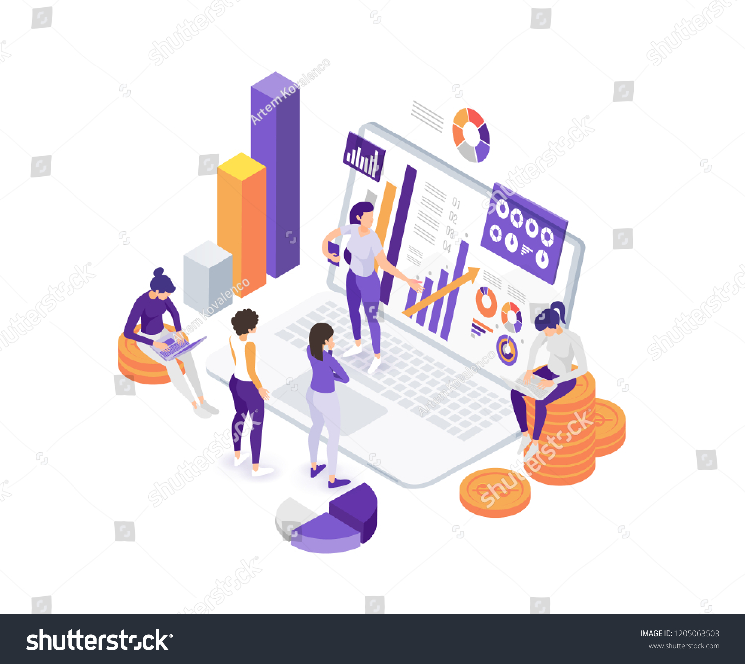 vector business illustration. people are working on data analysis and internet market research. team work on company data. Vector flat isometric stylish graphics for banners and advertising.