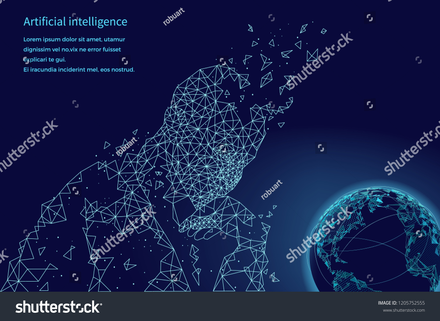 Artificial intelligence human and globe vector. Poster with text sample and planet Earth  innovative systems in digital area. Mind of robot creature