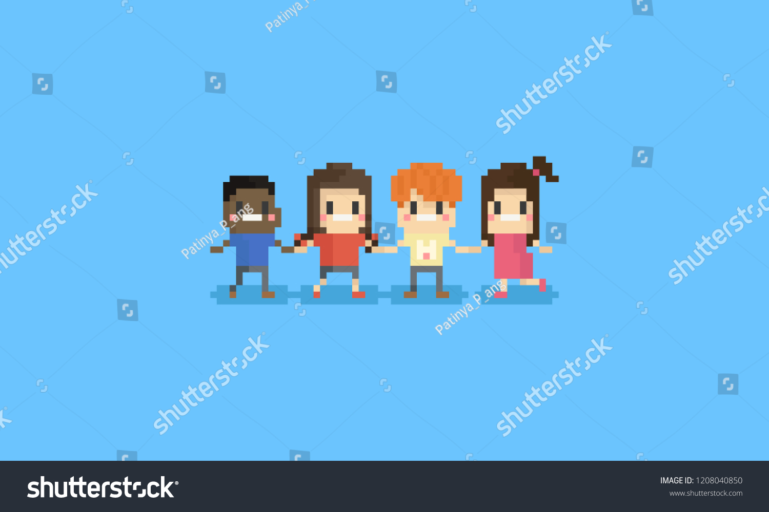 Pixel happy chidren character holding them hand together.8bit.