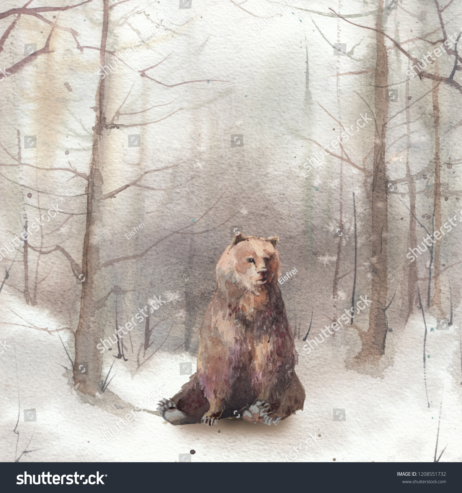 Watercolor winter landscape: snowy forest scene with bear. Hand painted vintage card.