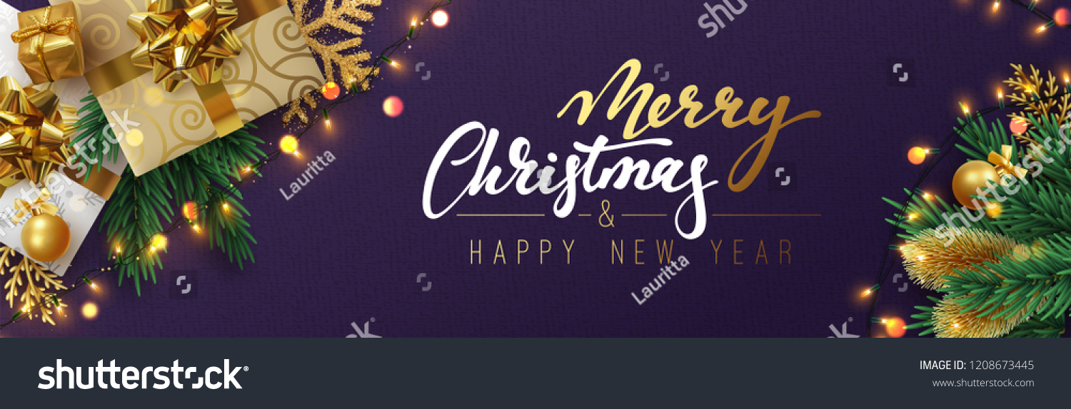 圣诞横幅 圣诞节闪闪发光的灯花环带礼物盒和金色金属丝。水平圣诞海报 卡片 标题 网站。