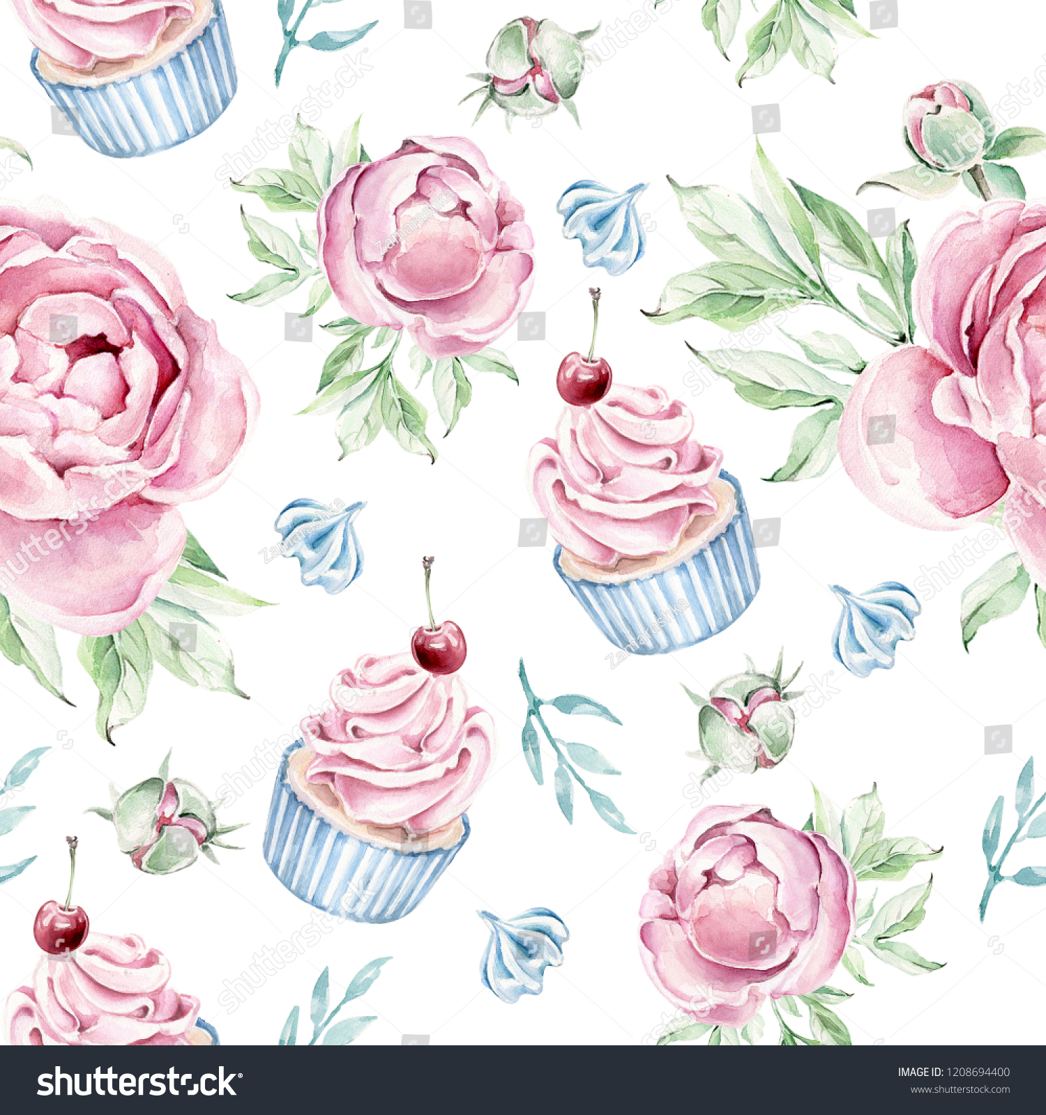 Hand drawn watercolor pattern with cupcake and floral elements.Romantic concept.  