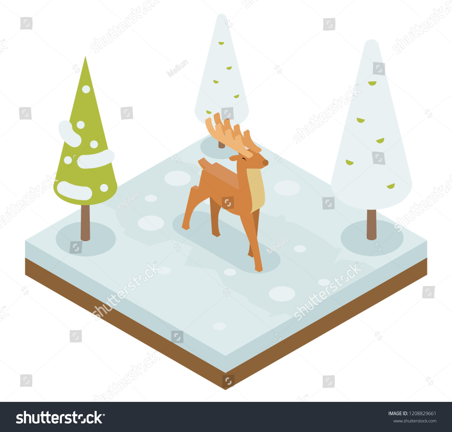 Deer Walking Along Winter Wood Forest Isometric 3d Flat Icon Template  Illustration