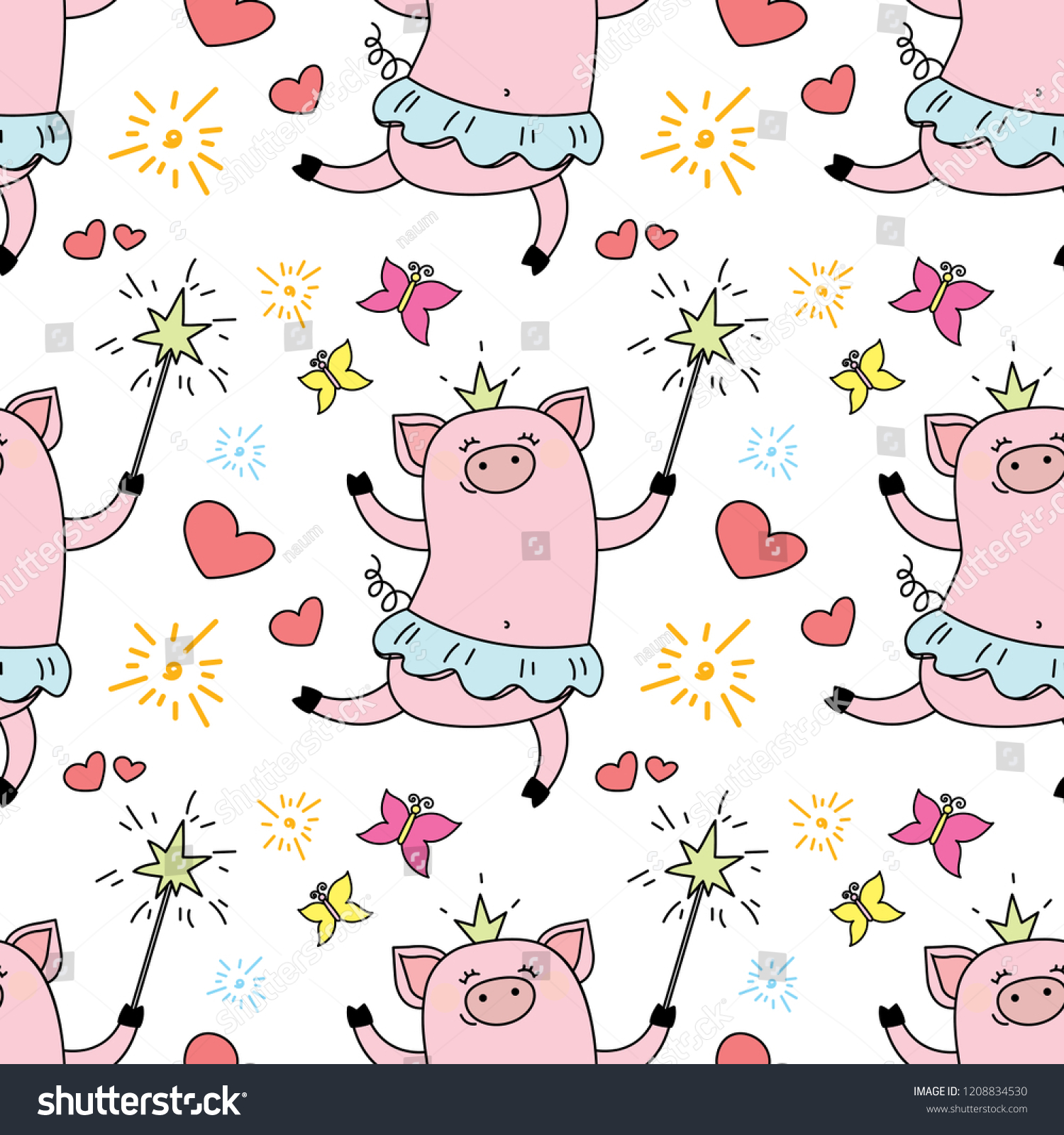 Seamless pattern with funny piggy princess jumping pig ballerina with a crown and a magic wand cute texture  vector illustration
