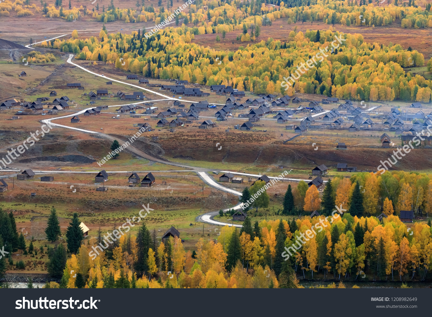 Hemu village on Kanas Nature Reserve  Autumn scene  Xinjiang  China .