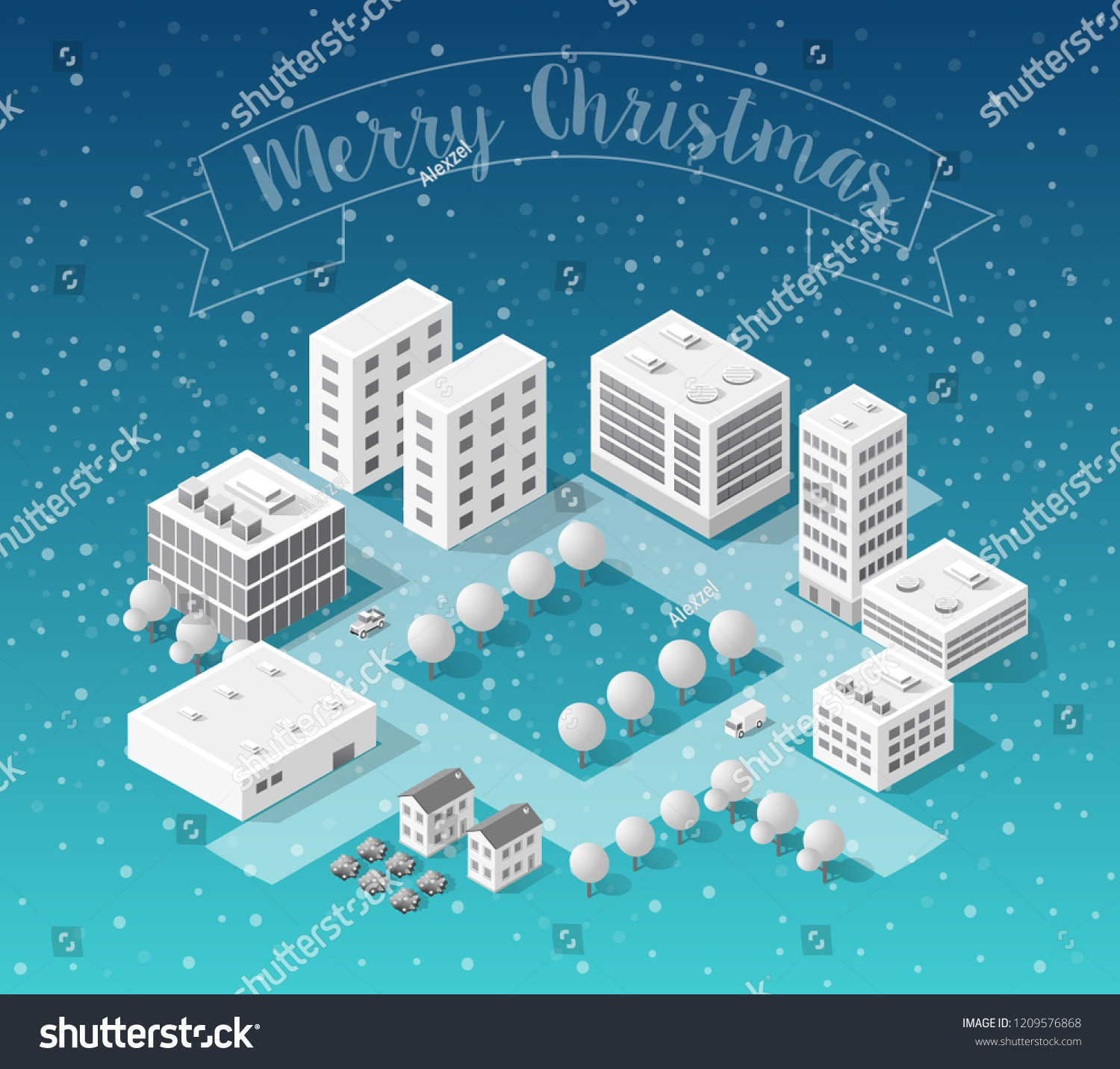 Winter Christmas landscape snow covered futuristic isometric city from smart business technology  digital modern concept background holiday