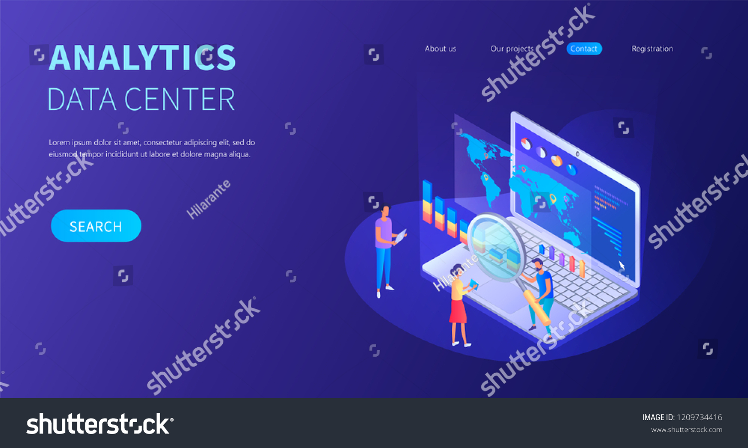 Analystics data center isometric vector laptop web design illustration