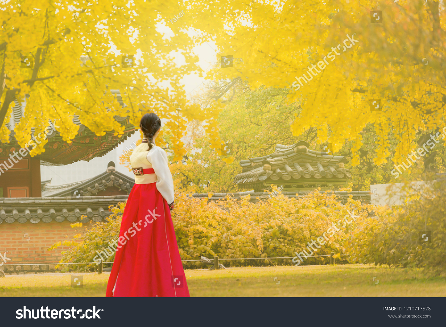 Beautiful young woman in Autumn at Gyeongbokgung palace in Seoul South Korea