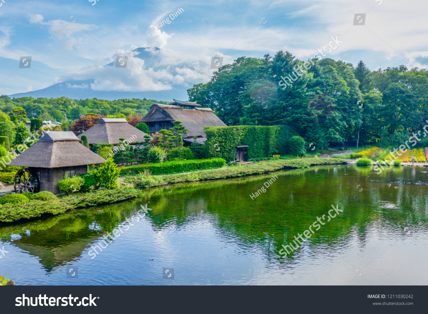 The ancient Oshino Hakkai village landscape with Fuji mountain in the background  Japan. 
