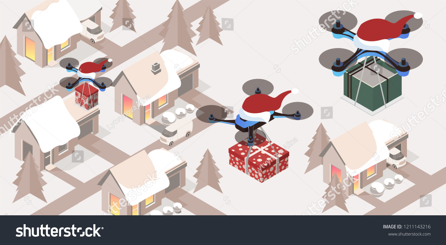 Purchase and send a Christmas gift . Delivering by drones to doors. Gifts in bright boxes. Christmas sale. Winter houses in town or village. isometric 3d