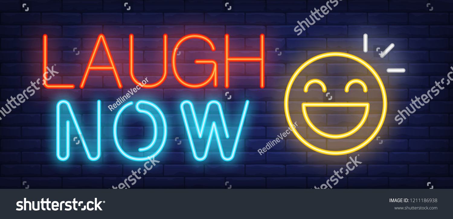 Laugh now neon sign. Happy emoji on brick background. Happiness  joke  humor. Night bright advertisement. Vector illustration in neon style for emotion  entertainment  attitude