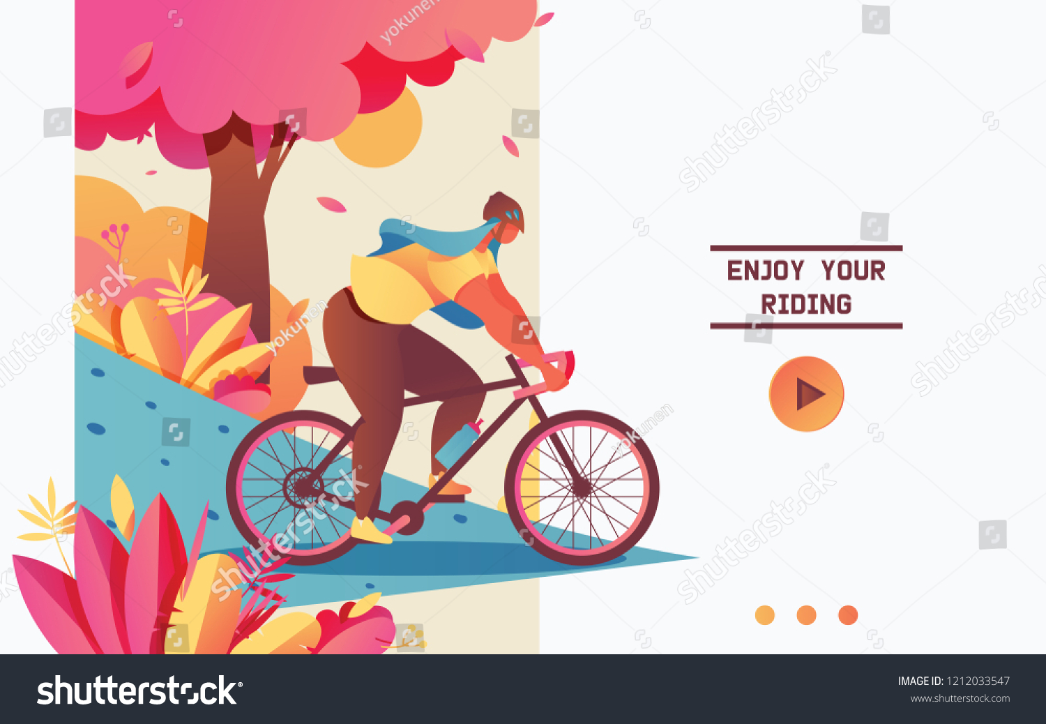 Vector landing page concept with young woman cycling a bike. Pastel colors  horizontal composition  blue road. Flat illustration.