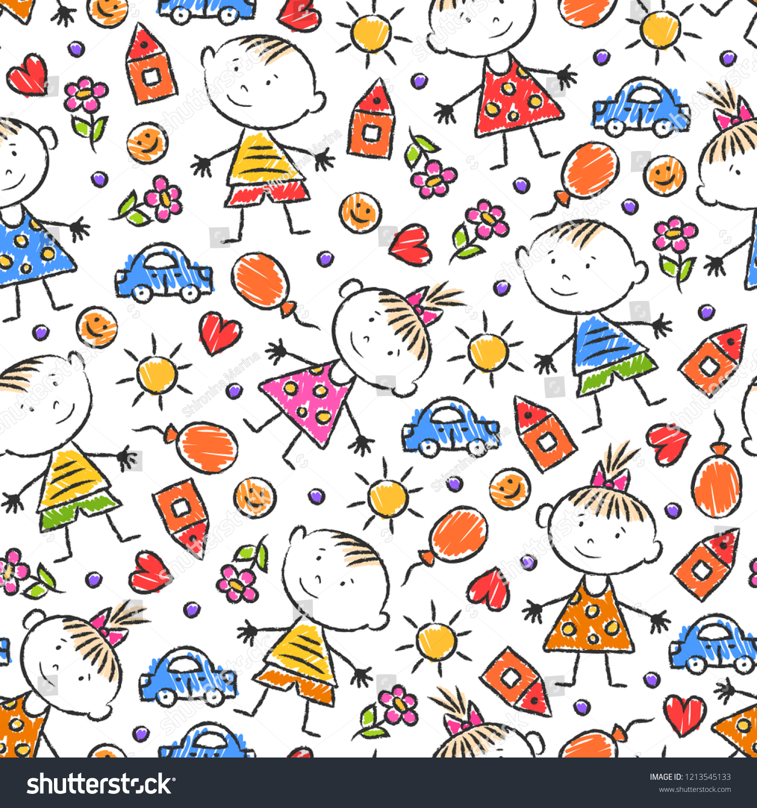 Vector seamless background with children's pencil drawing. Cartoon repeating sketch pattern with graphic contour little boys and girls for textiles  wallpapers  web. Endless kids backdrop.