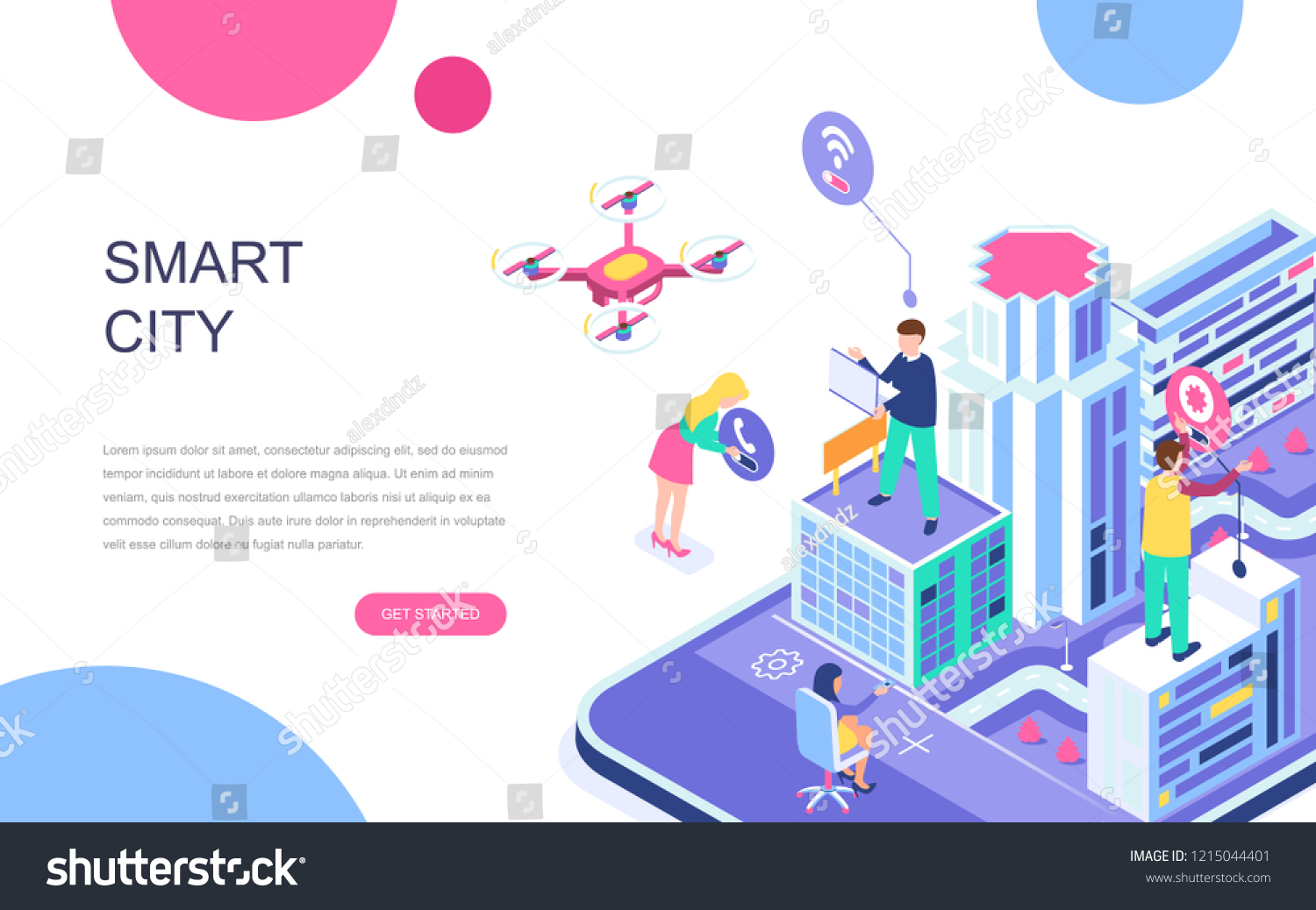 Modern flat design isometric concept of Smart City for banner and website. Isometric landing page template. Business center with skyscrapers  streets of the city connected roads. Vector illustration.