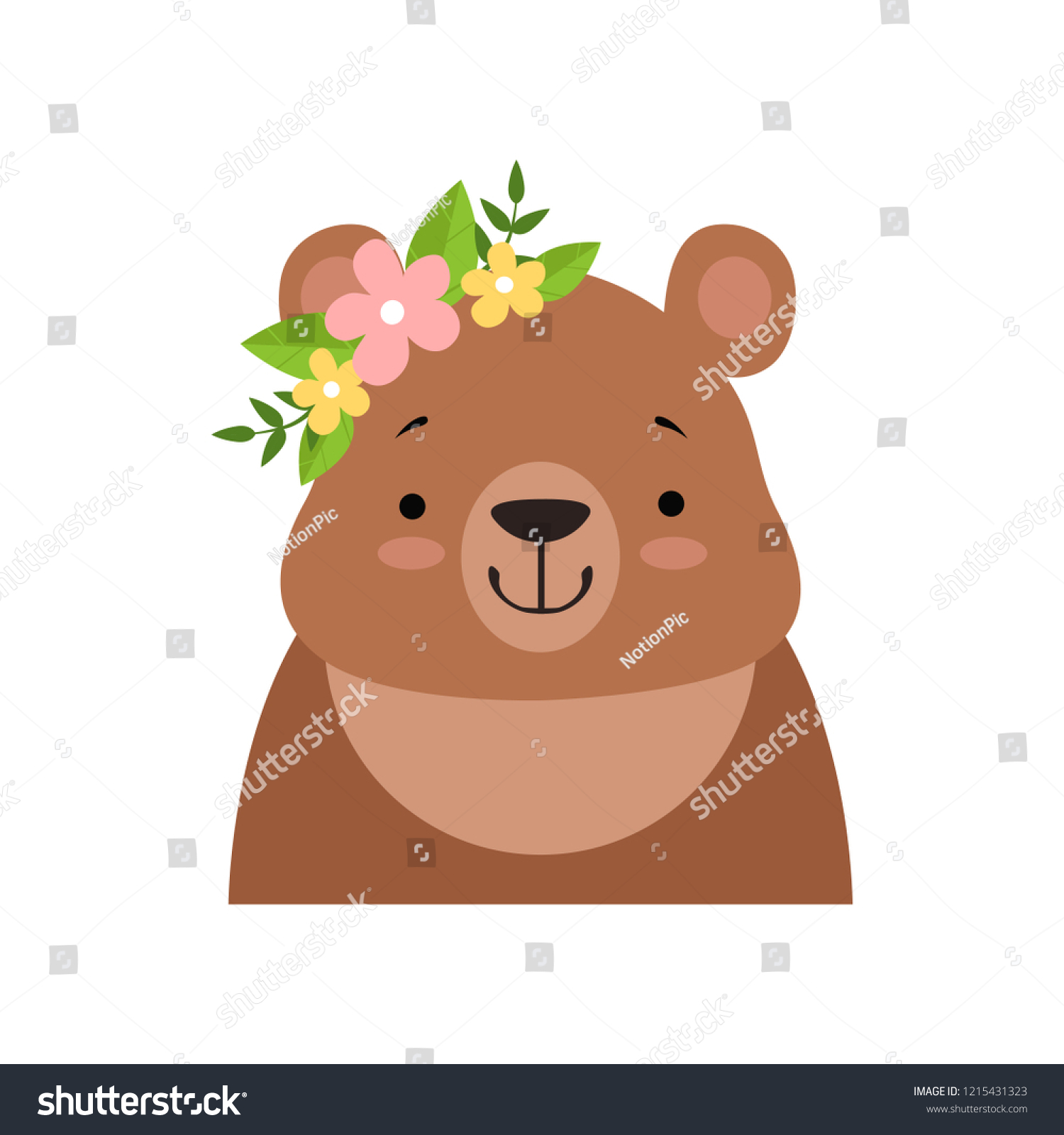 brown bear wearing a wreath of flowers