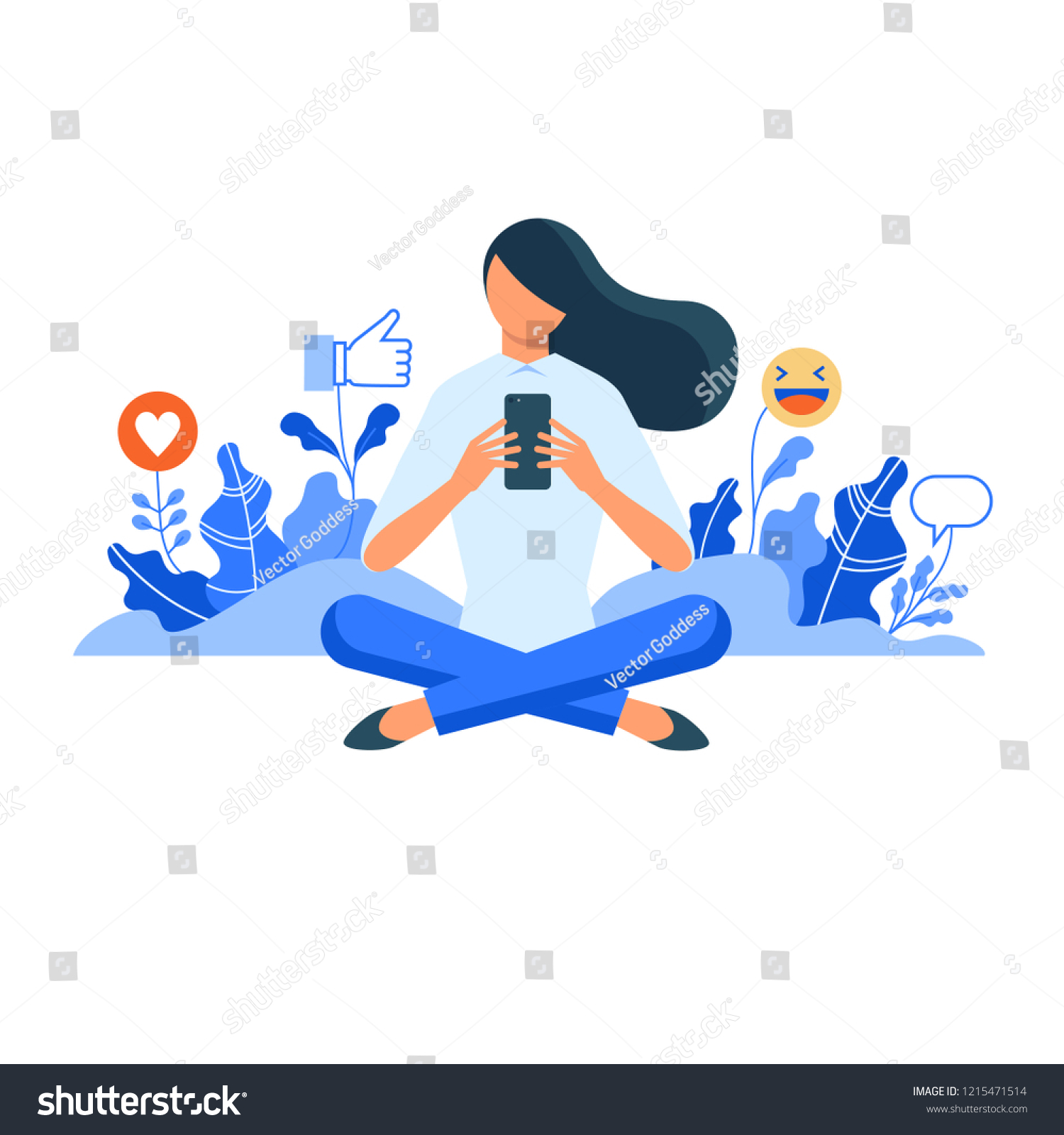 Girl sitting and holding mobile phone among plants with social media icons. Flat style vector illustration concept for digital marketing  engaging with followers  growing popularity in social network