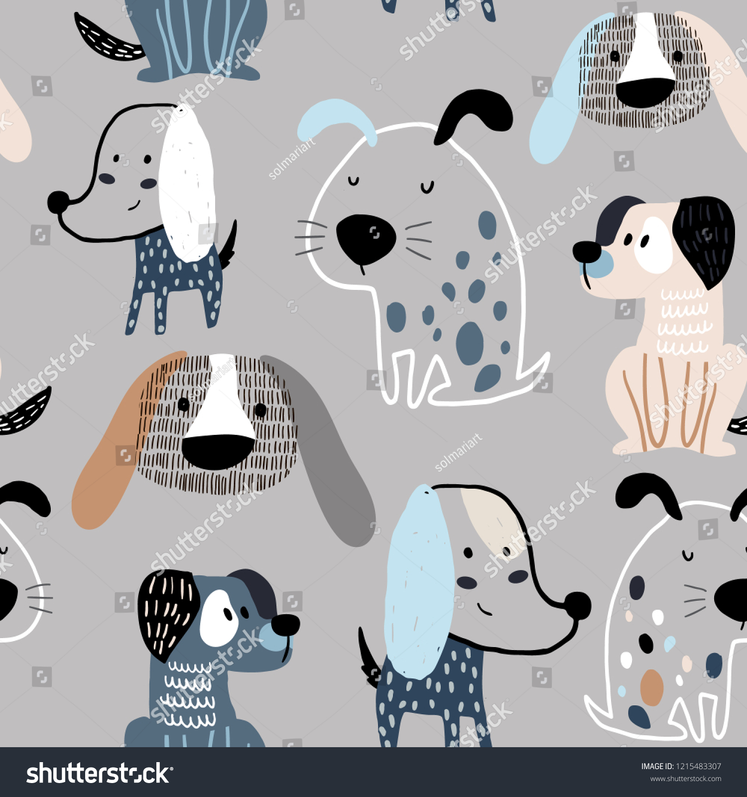 Childish seamless pattern with funny creative dogs. Trendy scandinavian vector background. Perfect for kids apparel fabric  textile  nursery decoration wrapping paper