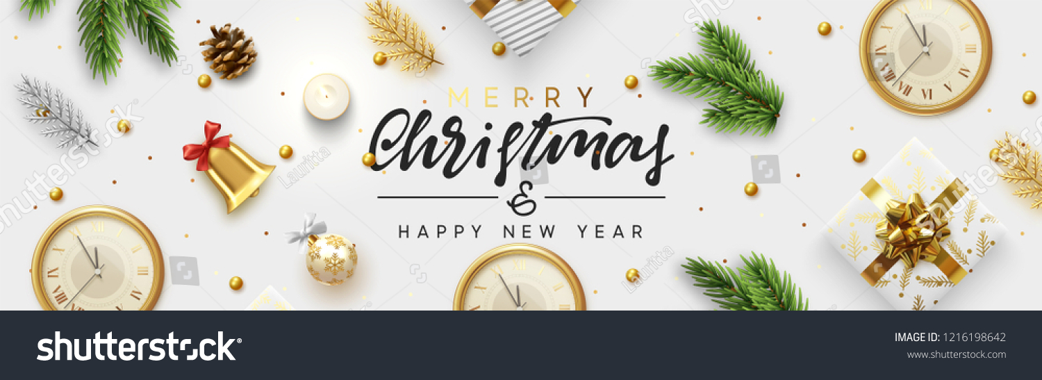 圣诞横幅。从上方查看的背景XMAS对象。短信圣诞快乐 新年快乐