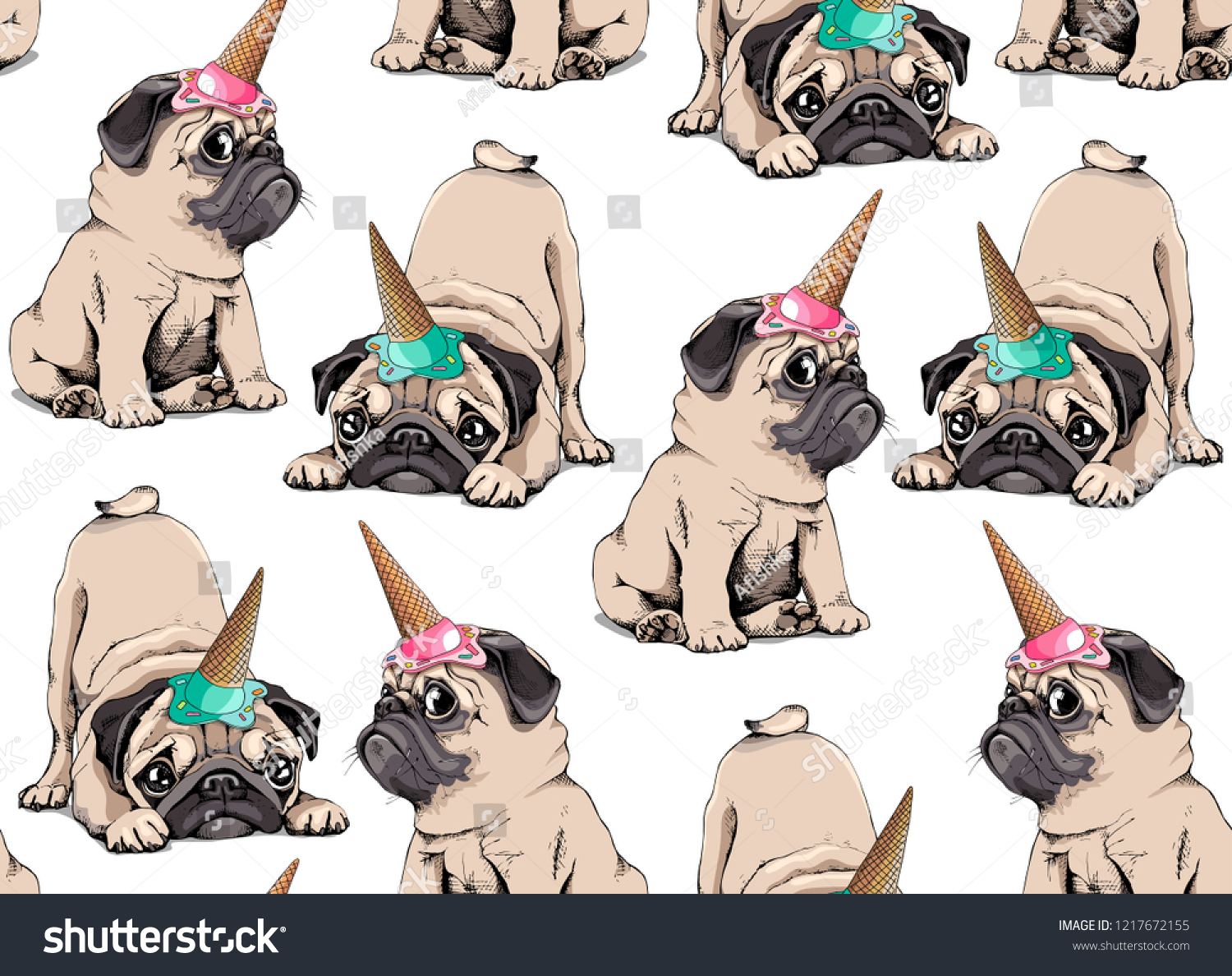 Seamless pattern. Adorable beige puppies Pugs in a ice cream party cap on a white background. Textile composition  hand drawn style print. Vector illustration.