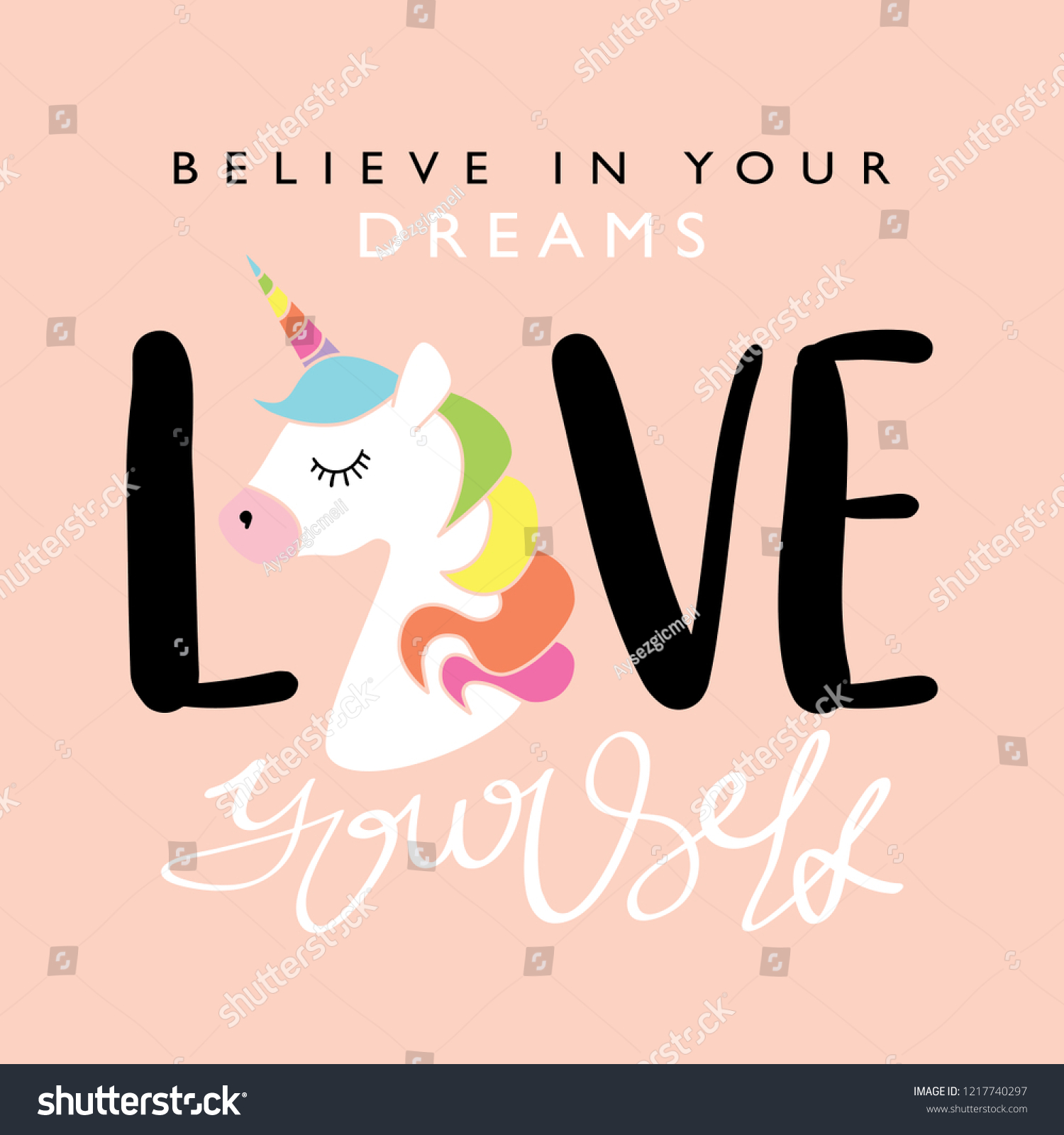 Inspirational quote text and cute unicorn drawing / Vector illustration design for t shirt graphics  fashion prints  posters  cards  stickers and etc
