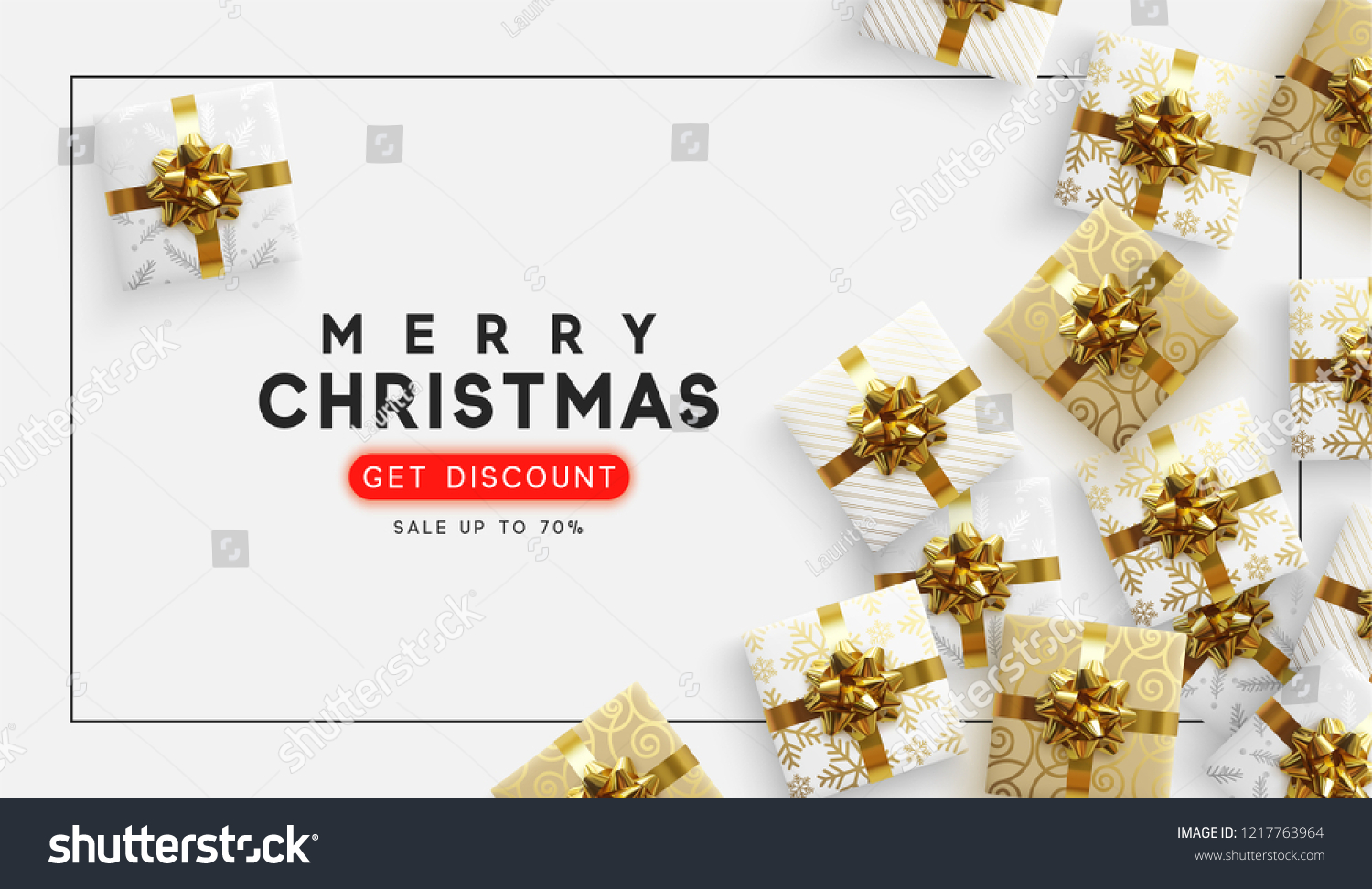 Christmas vector background. Xmas sale  holiday web banner. View top on composition gift box.