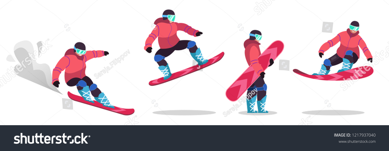 Adults  dressed in winter clothes  go snowboarding. Men and women pragat from a springboard and descend from the mountain .. Winter mountain sports activities. Isolated vector illustration in flat sty