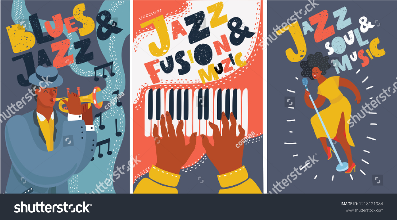 Vector cartoon illustration of Set of music cards and banners  posters. Music cards with singer  piano  hands  trumpet player. Jazz music festival banners. Colorful jazz concert posters