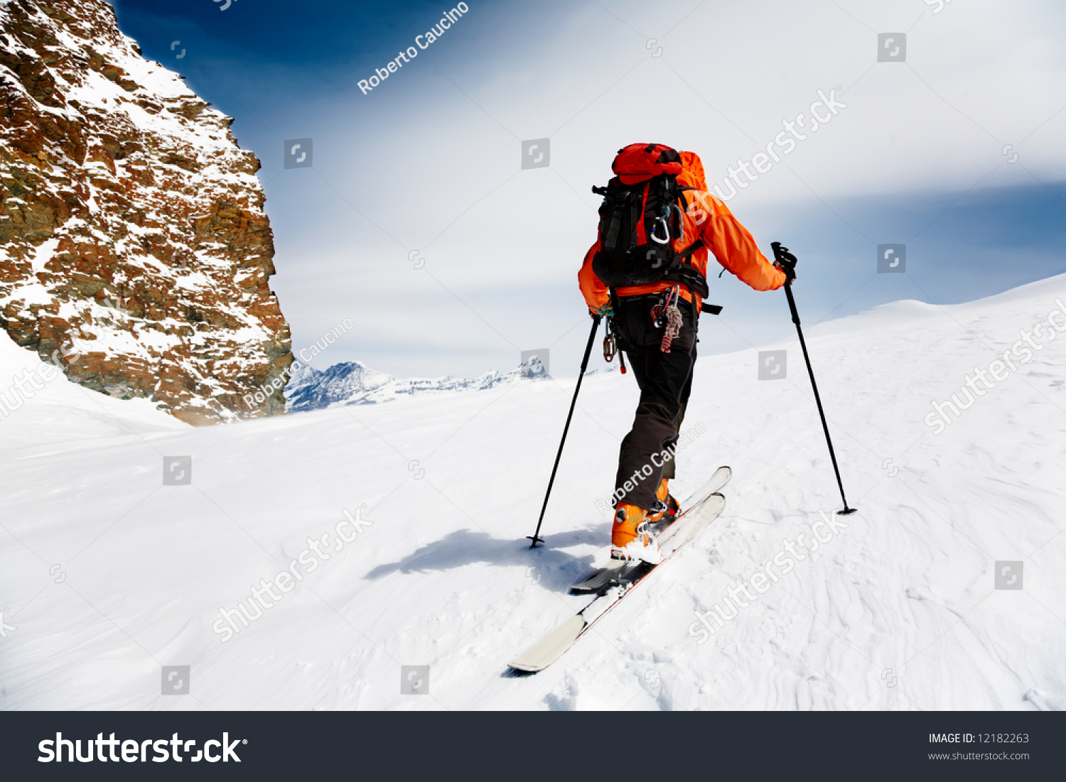 Lone Alpine Touring Skier. MonteRosa  Swiss-Italy border.