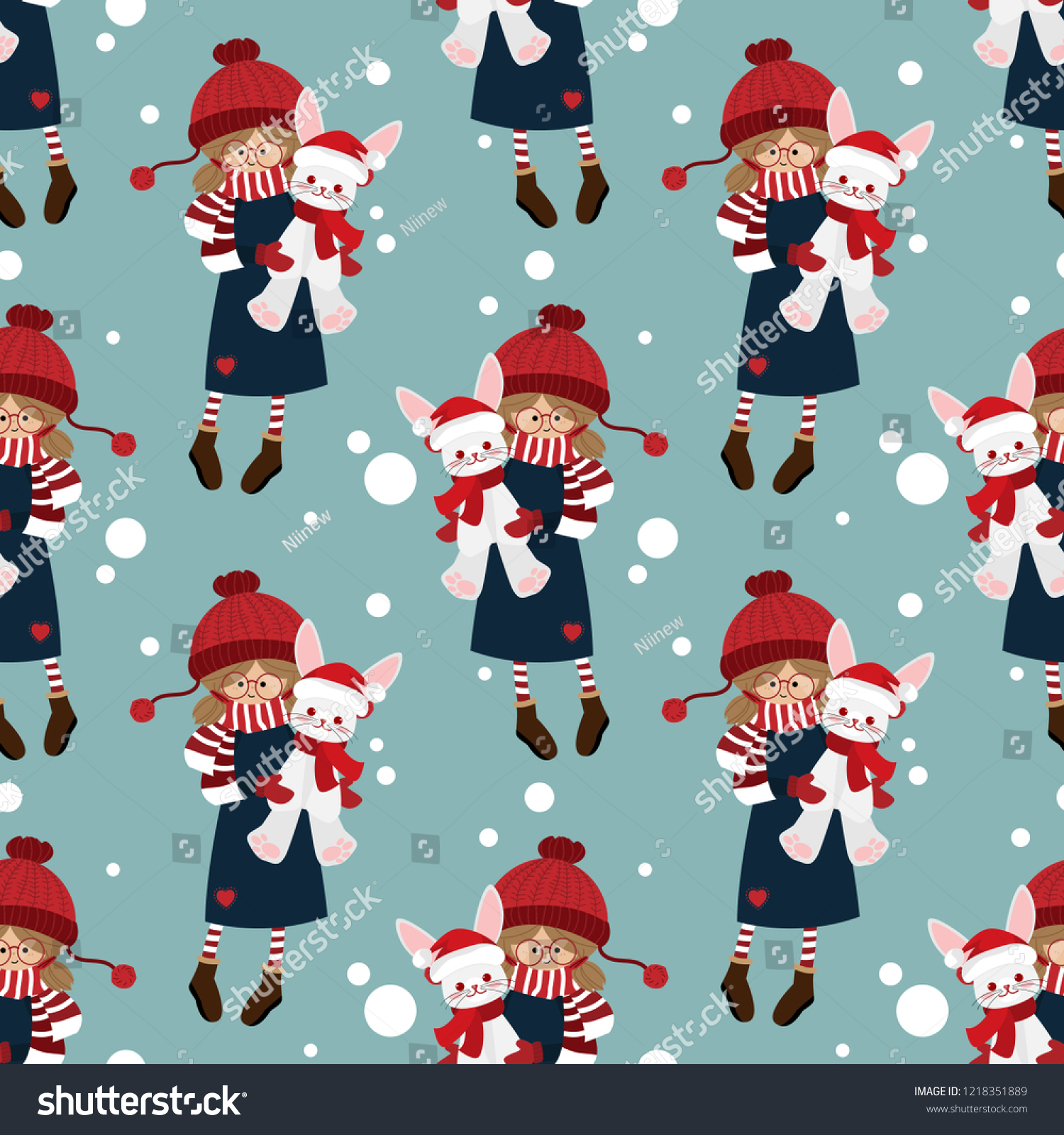 Christmas holiday season seamless pattern with Cute girl in winter custom with cute rabbit doll and Happy Christmas text.