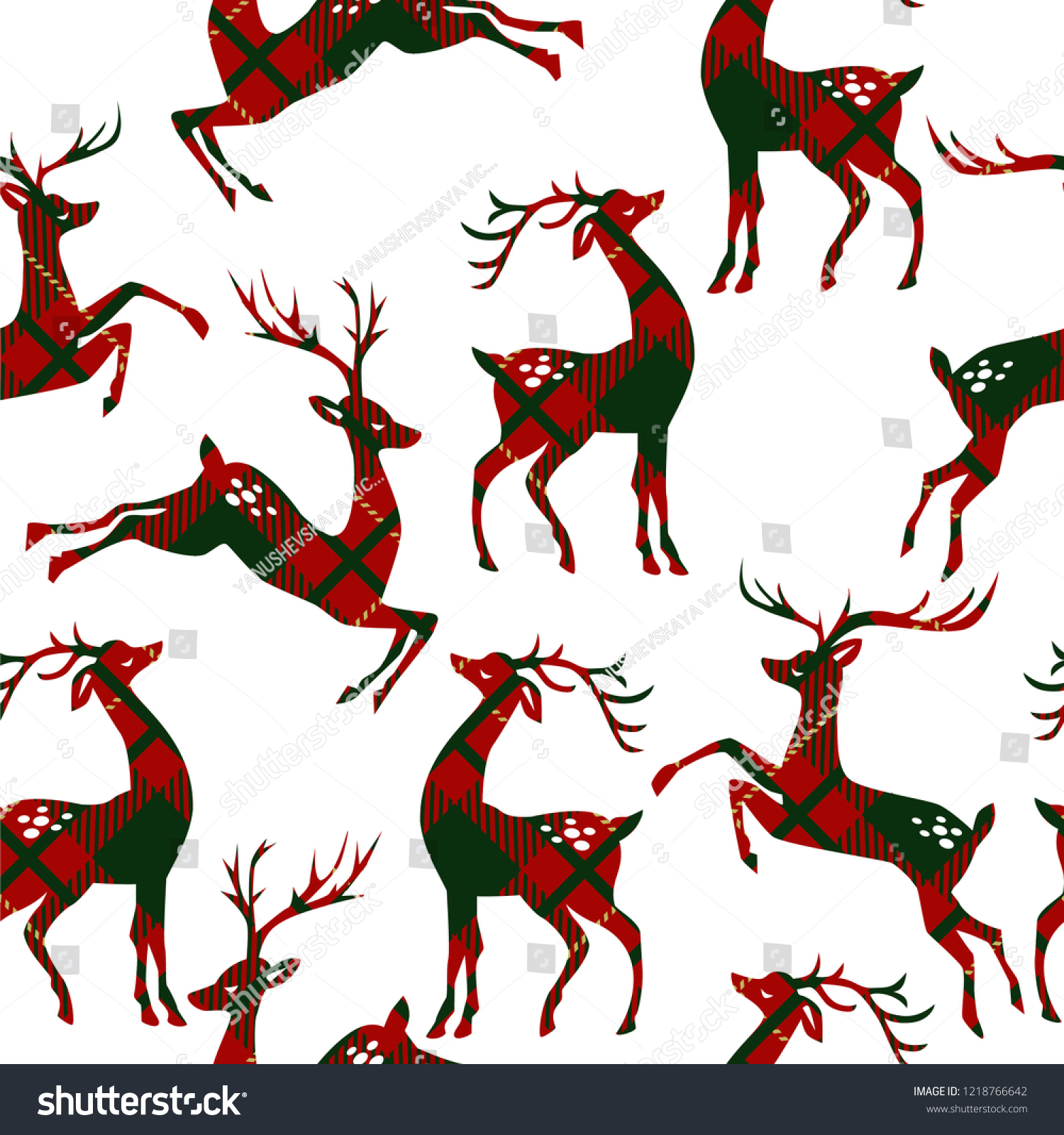 Seamless pattern with deer on plaid background. Vector illustration. 