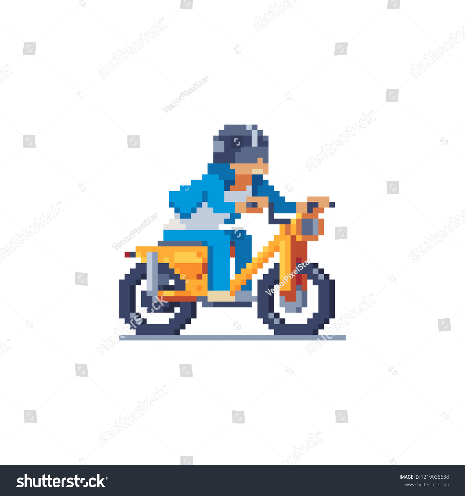 Man rides a moped  motorcyclist male character pixel art style  man character riding motorcycle. Speed ebike racing. Concept of sport life  bikers. Design for logo  sticker  app.Isolated illustration.