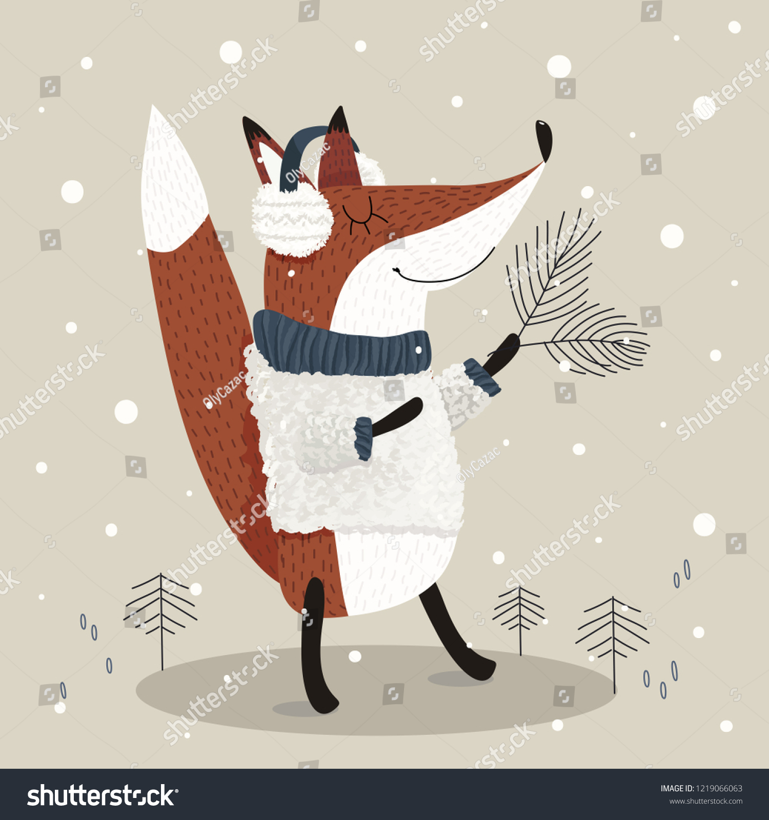 Vector illustration of cute red fox wearing fluffy sweater and headphones standing in the forest with christmas tree. Graphic drawing animal poster for kids room. Wallpaper  postcard or greeting card