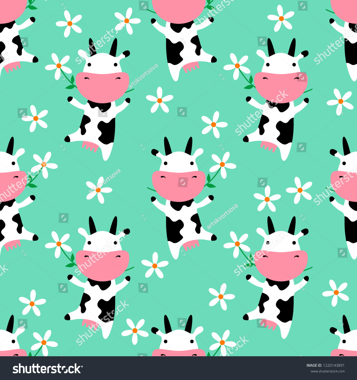Cute cow eating grass. Seamless pattern. Vector pattern with cute cows and flowers. Vector illustarion. Childish vector seamless wallpaper with daisies