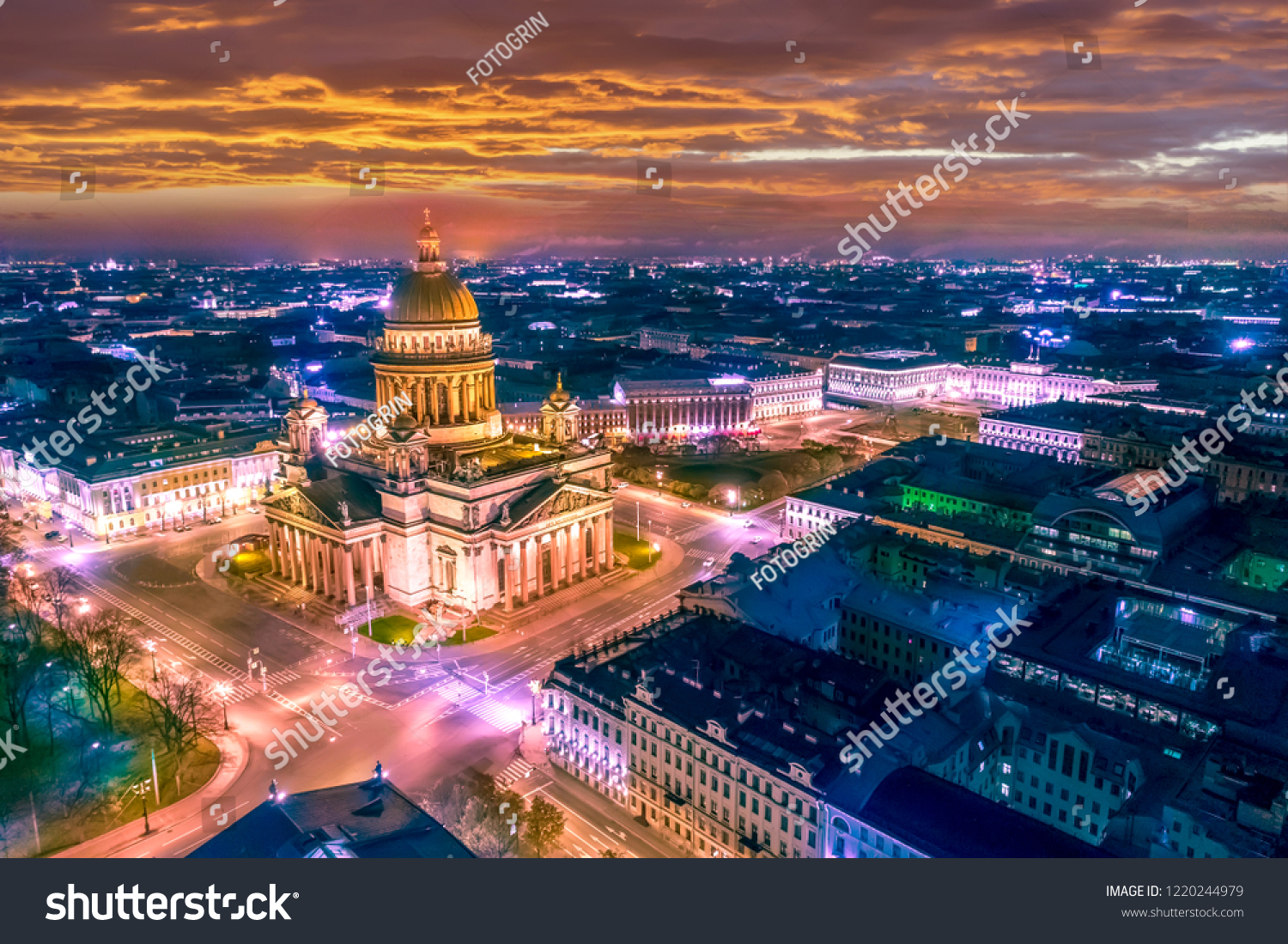 Saint Petersburg. St. Isaac's Cathedral from a height. Night Petersburg. Streets of Petersburg. Russia. St. Isaac's Square. Architecture of St. Petersburg.