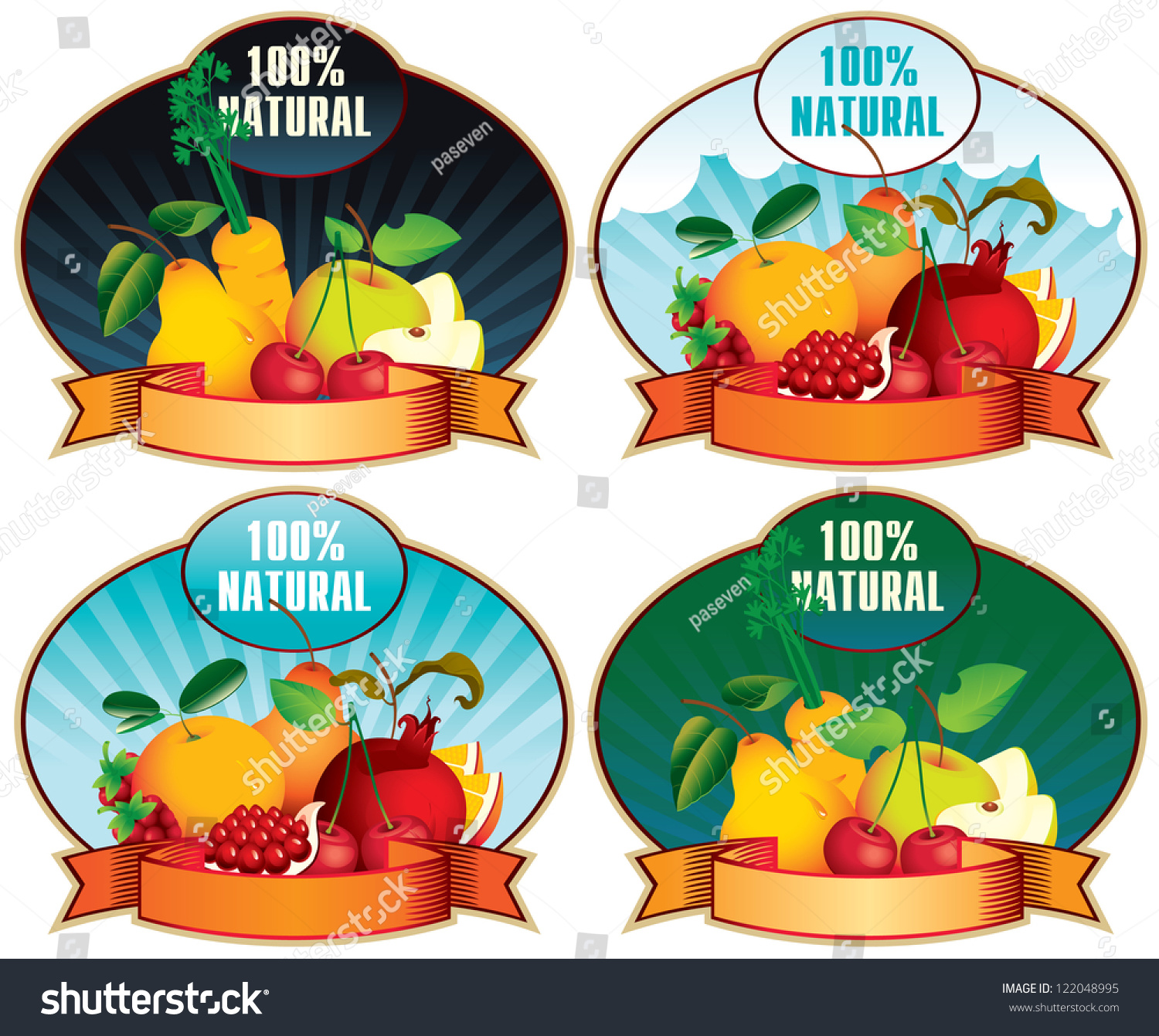 set of four stamps bearing fruit and labeled 100% Natural