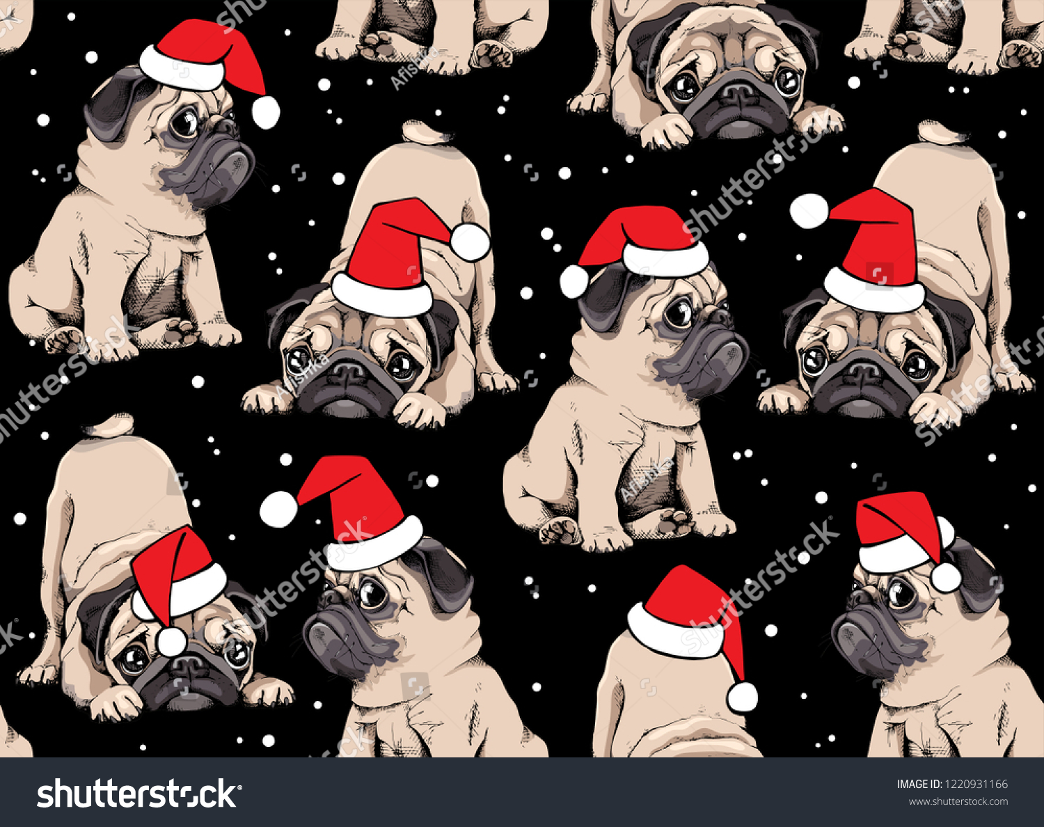 Seamless Christmas pattern. Adorable beige puppies Pugs in a Santa's red cap at a snow night. Textile composition  hand drawn style print. Vector illustration.