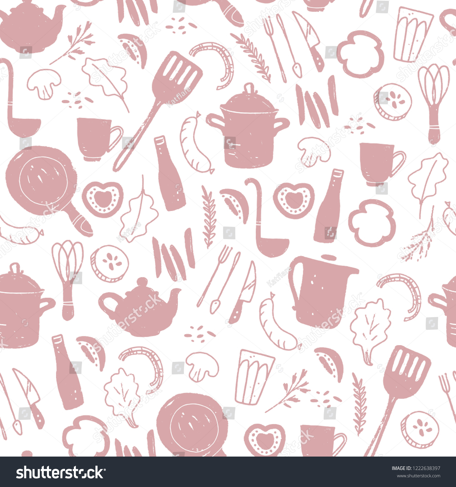 Vector seamless pattern with cutlery and kitchenware elements - pan  pot  fork  knife  vegetables  spice  sausage  egg beater  cup etc. Good for banners  menu cover  packaging. Hand drawn sketch style