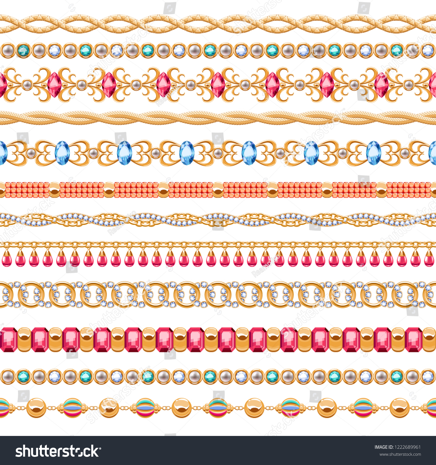 Colorful gemstones and chains seamless horizontal borders set. Good for ...