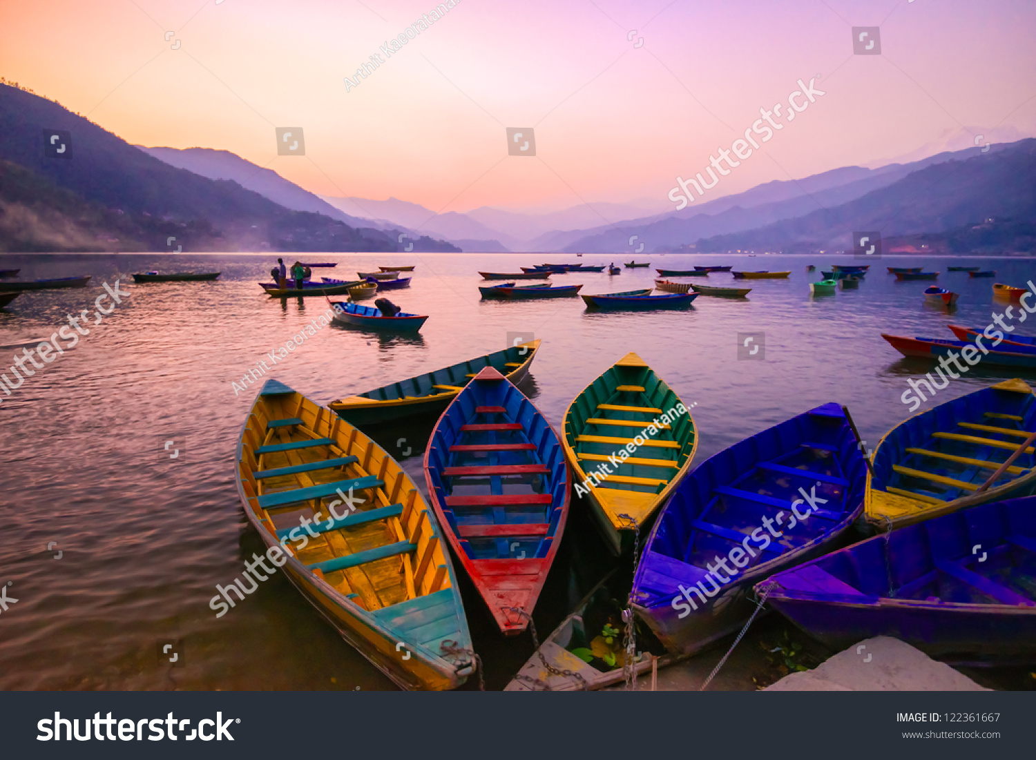 twilight with boats on Phewa lake  Pokhara  Nepal