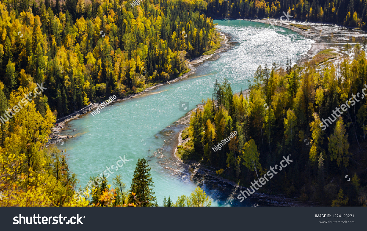 sunny day at Yue Liang Wan or Crescent Moon lake in September Autumn season Kanas Nature Reserve Xinjiang China