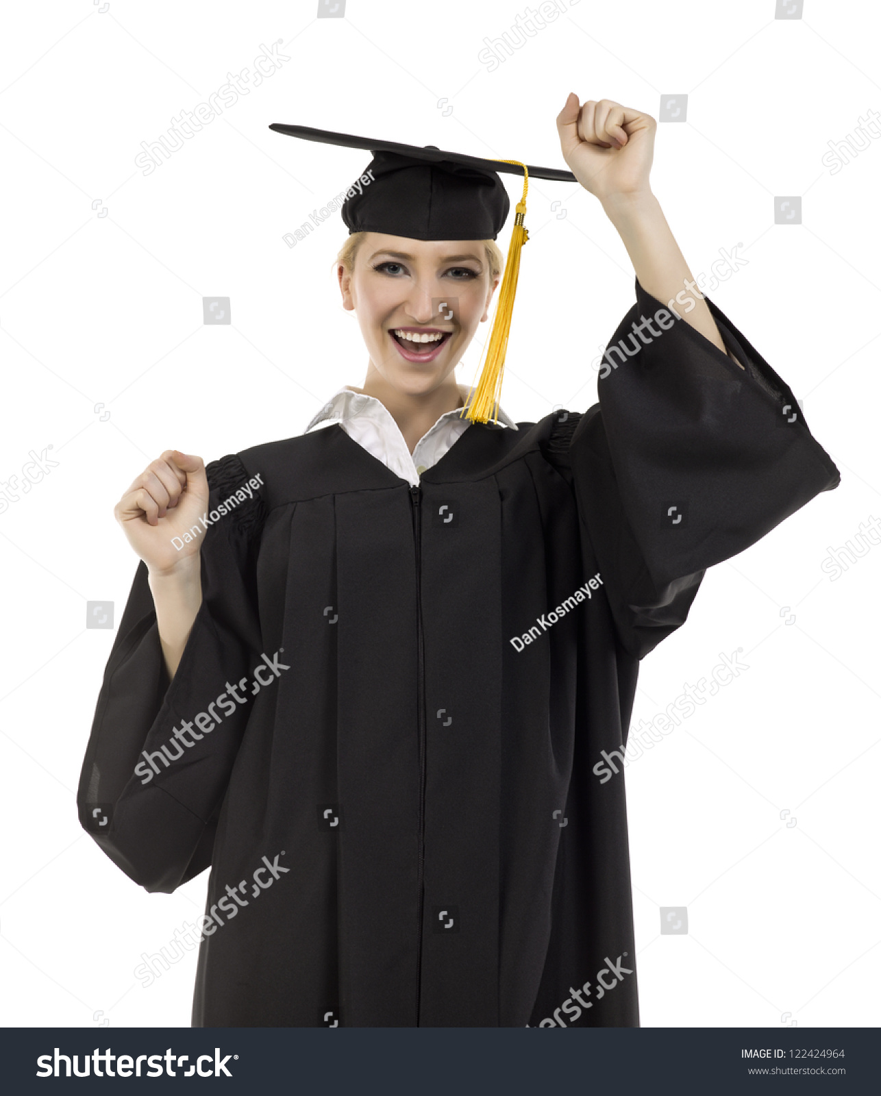 Close-up image of a glad graduating female with hand up over the white ...