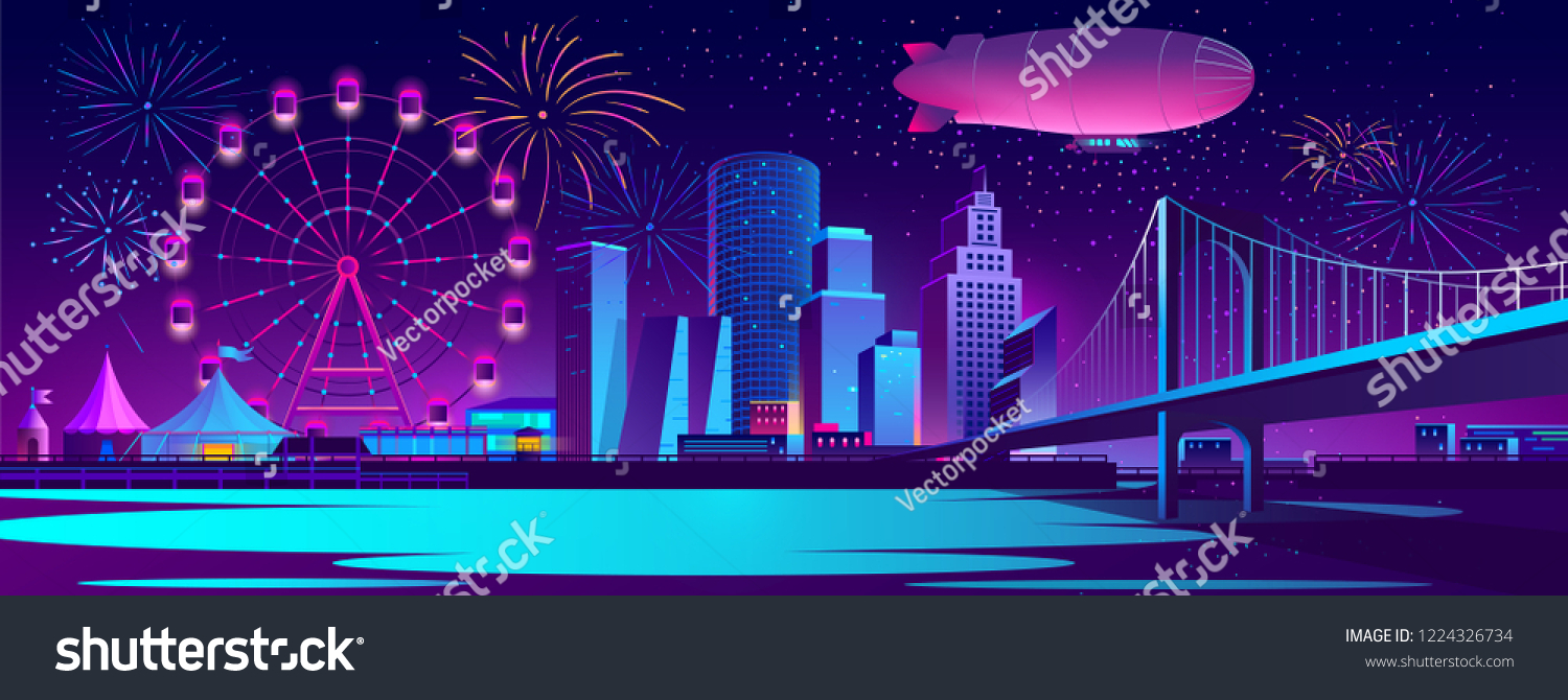 Vector urban concept background with night city illuminated with neon glowing lights. Festive cityscape with modern buildings  skyscrapers  amusement park with ferris wheel and firework on river bank