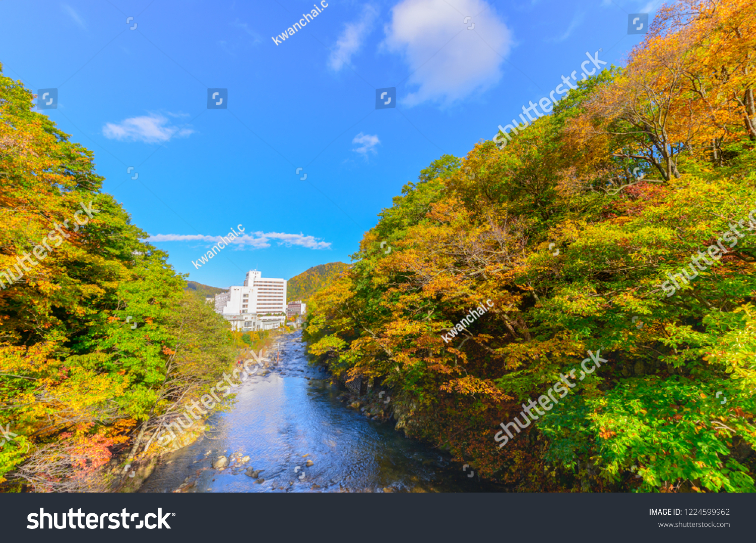 Landscape of Autumn maple forest in Jozankei Onsen The most popular tourist attraction to Hokkaido. Japan