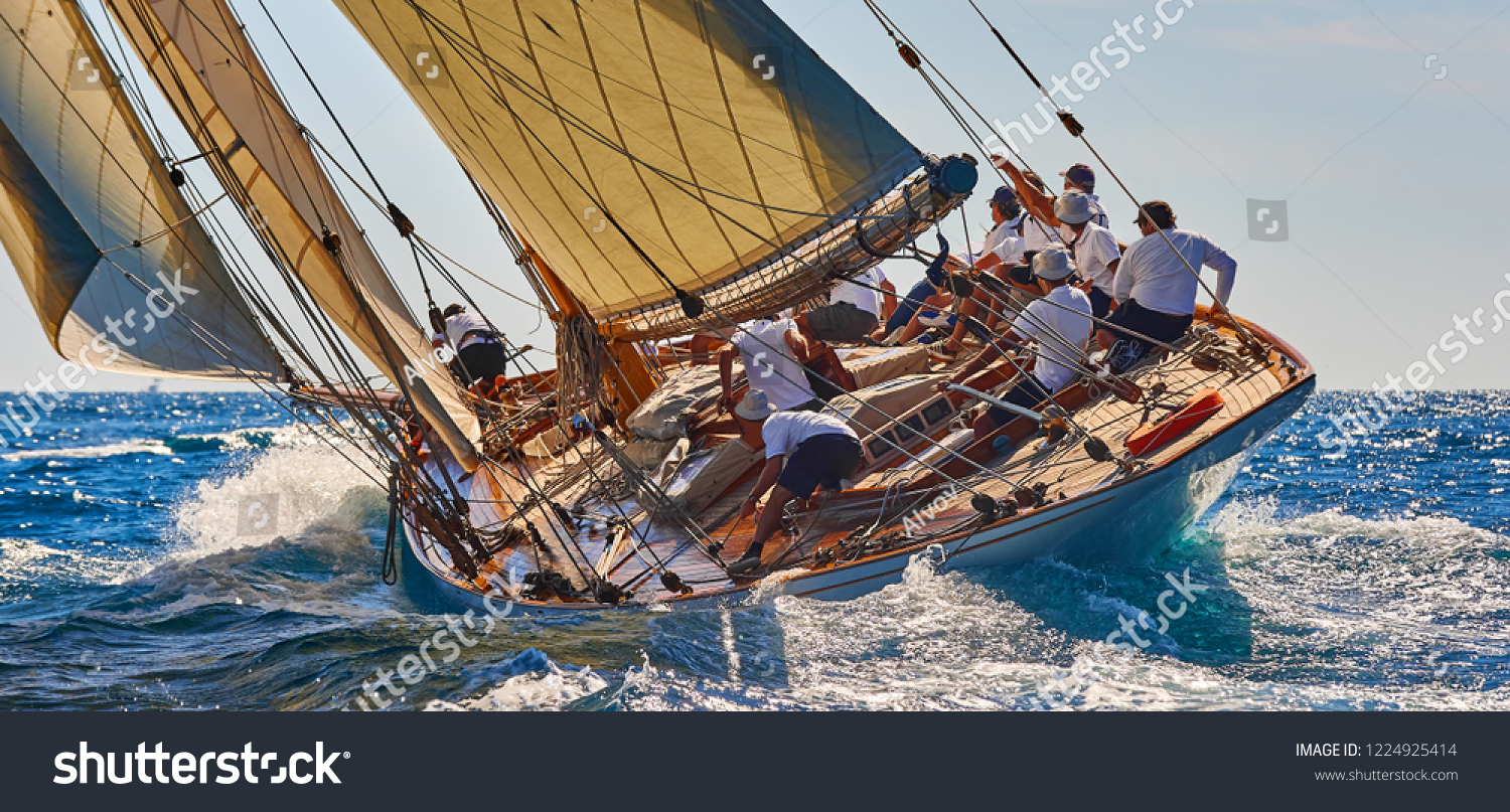 Sailing yacht race. Sports team of yachtsmen is fighting to win the regatta